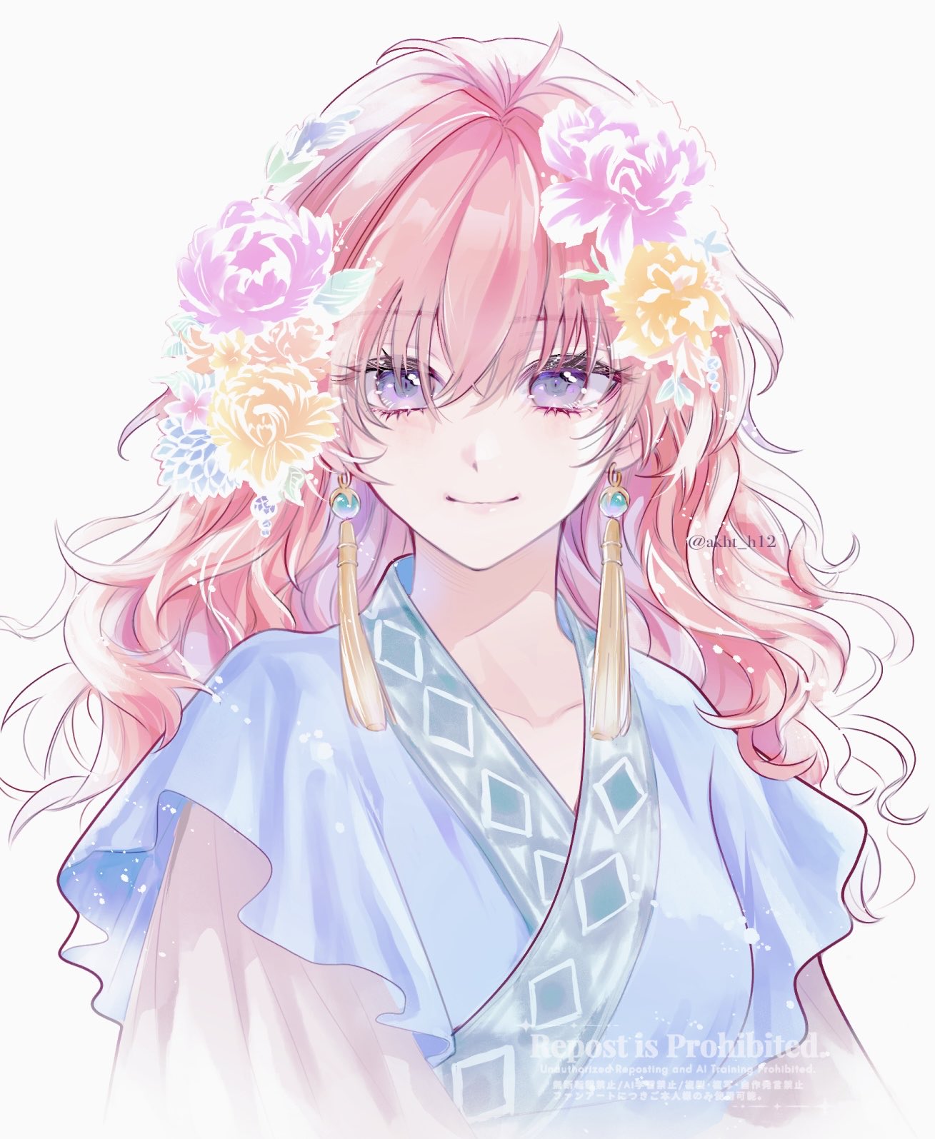 akehata hikari, yona (akatsuki no yona), akatsuki no yona, commentary request, highres, 1girl, blue shirt, closed mouth, collarbone, earrings, eyelashes, flower, hair between eyes, hair flower, hair ornament, jewelry, light smile, long bangs, long hair, pink hair, purple eyes, shirt, simple background, solo, straight-on, tassel, tassel earrings, upper body, watermark, wavy hair, white background