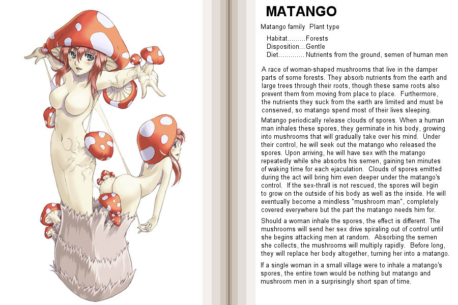 kenkou cross, matango (monster girl encyclopedia), monster girl encyclopedia, translated, 2girls, ass, bent over, blush, breasts, character profile, collarbone, fungus, grey eyes, large breasts, looking at viewer, monster girl, multiple girls, mushroom, mushroom girl, navel, no nipples, nude, open mouth, red hair