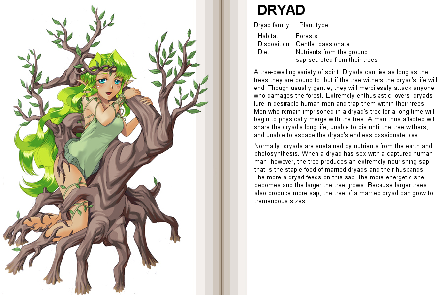 kenkou cross, dryad (monster girl encyclopedia), monster girl encyclopedia, hard-translated, third-party edit, translated, 1girl, blue eyes, character profile, dark-skinned female, dark skin, dryad, female focus, green hair, long hair, monster girl, plant, pointy ears, solo, tree, white background