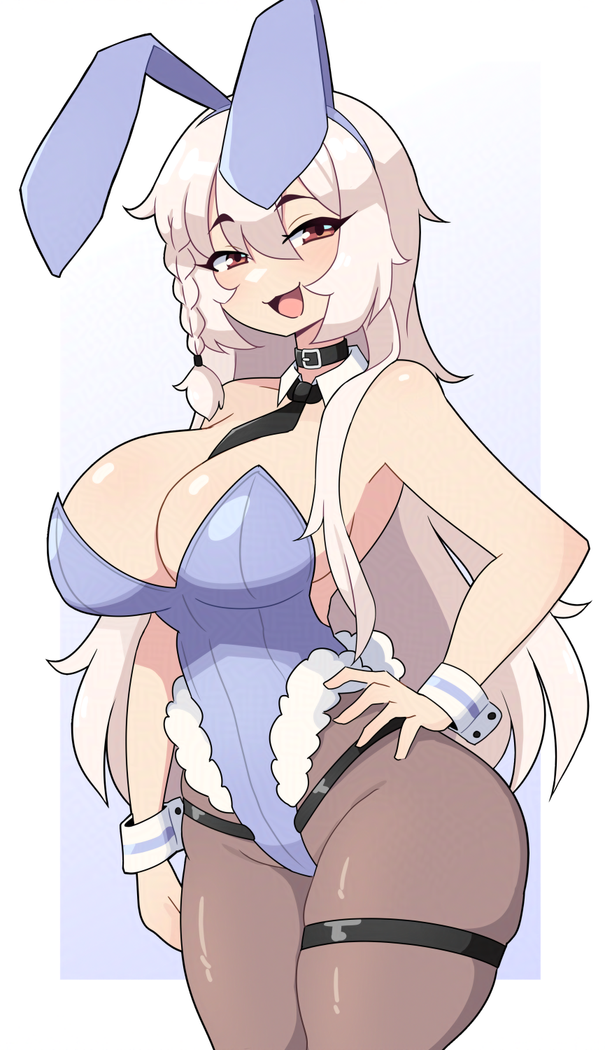 daigada, original, commission, highres, 1girl, animal ear hairband, animal ears, bare shoulders, between breasts, black necktie, blue leotard, borrowed character, breasts, brown eyes, brown pantyhose, choker, cleavage, collarbone, fake animal ears, hairband, hand on own hip, large breasts, leotard, long hair, looking at viewer, necktie, necktie between breasts, open mouth, pantyhose, playboy bunny, rabbit ear hairband, rabbit ears, skindentation, smile, solo, thick thighs, thigh strap, thighs, white hair, wrist cuffs