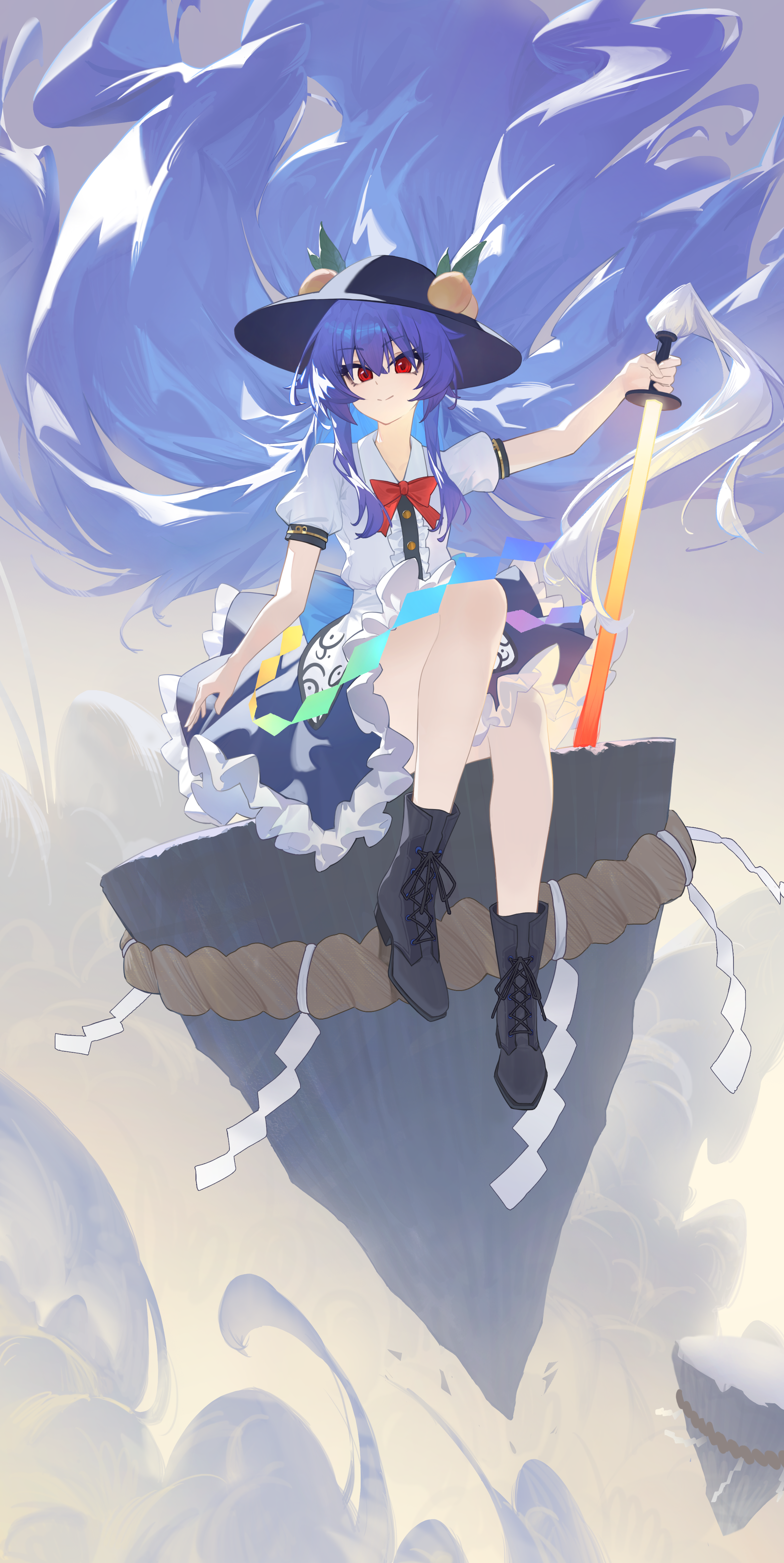 toast13, hinanawi tenshi, touhou, absurdres, commentary request, highres, 1girl, absurdly long hair, black boots, black hat, blue hair, blue skirt, boots, bow, bowtie, center frills, closed mouth, collared shirt, floating hair, frilled skirt, frills, hat, holding, holding sword, holding weapon, kaname-ishi, lace-up boots, long hair, looking at viewer, peach hat ornament, puffy short sleeves, puffy sleeves, rainbow order, red bow, red bowtie, red eyes, shirt, short sleeves, sitting, skirt, smile, solo, sword, sword of hisou, very long hair, weapon, white shirt