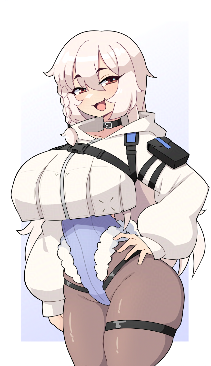 daigada, original, commission, highres, 1girl, animal ear hairband, animal ears, bare shoulders, between breasts, blue leotard, borrowed character, breasts, brown eyes, brown pantyhose, choker, collarbone, fake animal ears, hairband, hand on own hip, large breasts, leotard, long hair, looking at viewer, open mouth, pantyhose, playboy bunny, rabbit ear hairband, rabbit ears, skindentation, smile, solo, thick thighs, thigh strap, thighs, white hair, wrist cuffs