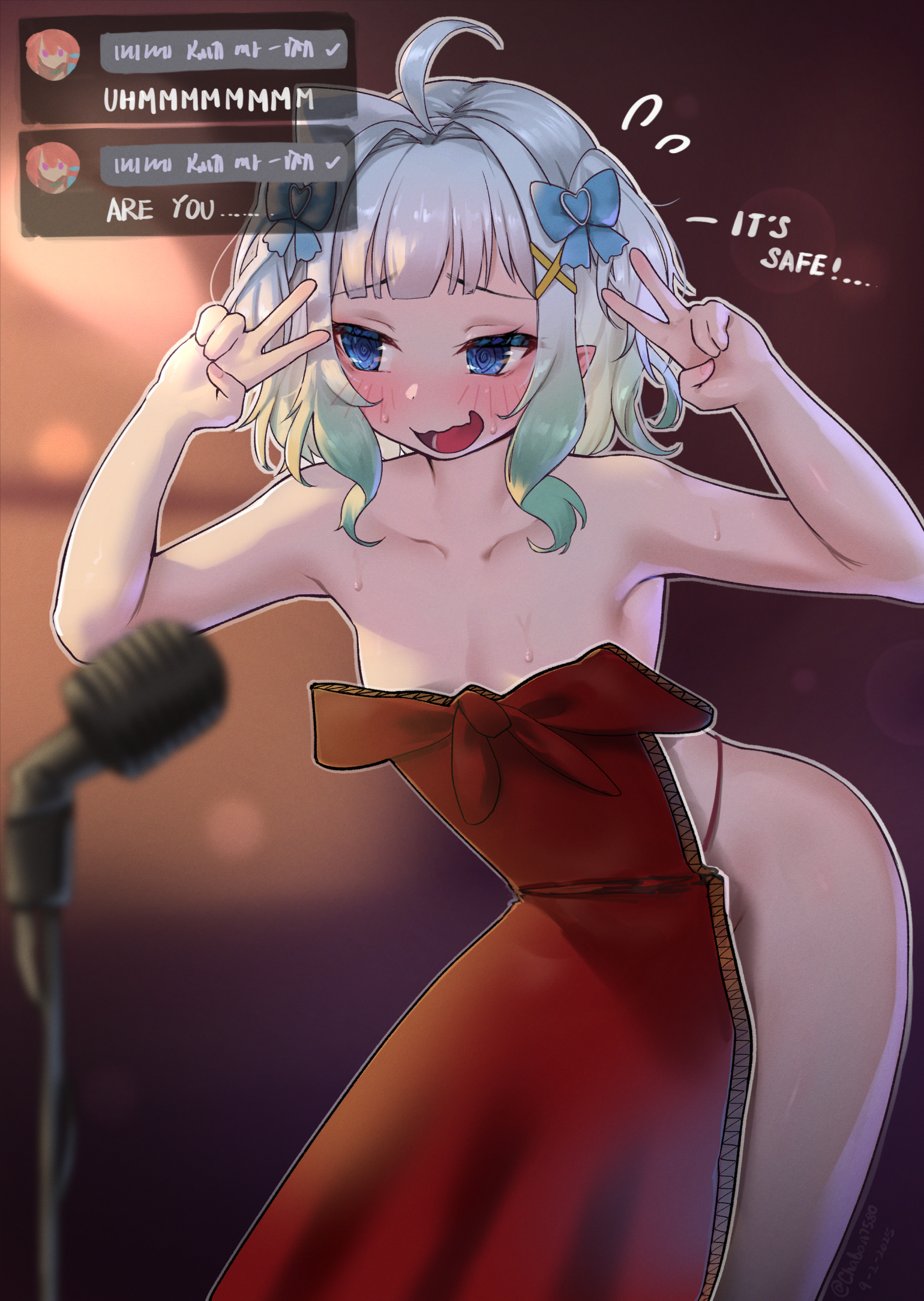 kanchigai, mint fantome, takanashi kiara, hololive, hololive english, indie virtual youtuber, commentary, english commentary, highres, 1girl, @ @, ahoge, alternate costume, blue eyes, blurry, blush, breasts, cardboard cutout, collarbone, depth of field, double v, dress, english text, flying sweatdrops, gradient hair, green hair, hair ornament, hairclip, looking at viewer, microphone, microphone stand, multicolored hair, navel, open mouth, pointy ears, red dress, short hair, small breasts, solo, stomach, talking, triangular headpiece, two-tone hair, two side up, uncensored, v, virtual youtuber, wavy hair, wavy mouth, white hair, x hair ornament