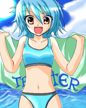 bunny (trickster), trickster (ntreev soft), lowres, 10s, bikini, blue bikini, blue hair, day, red eyes, solo, sports bikini, swimsuit, tankini, water