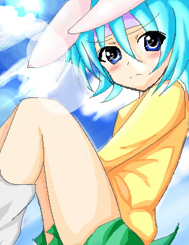 bunny (trickster), trickster (ntreev soft), lowres, 10s, animal ears, aqua hair, blue eyes, blue hair, blush, headband, hood, hoodie, oekaki, rabbit ears, sitting, skirt, socks, solo