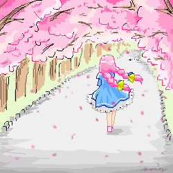 sheep (trickster), trickster (ntreev soft), lowres, 10s, bell, bow, braid, cherry blossoms, dress, oekaki, pink hair, ribbon, solo, tree, twin braids, twintails