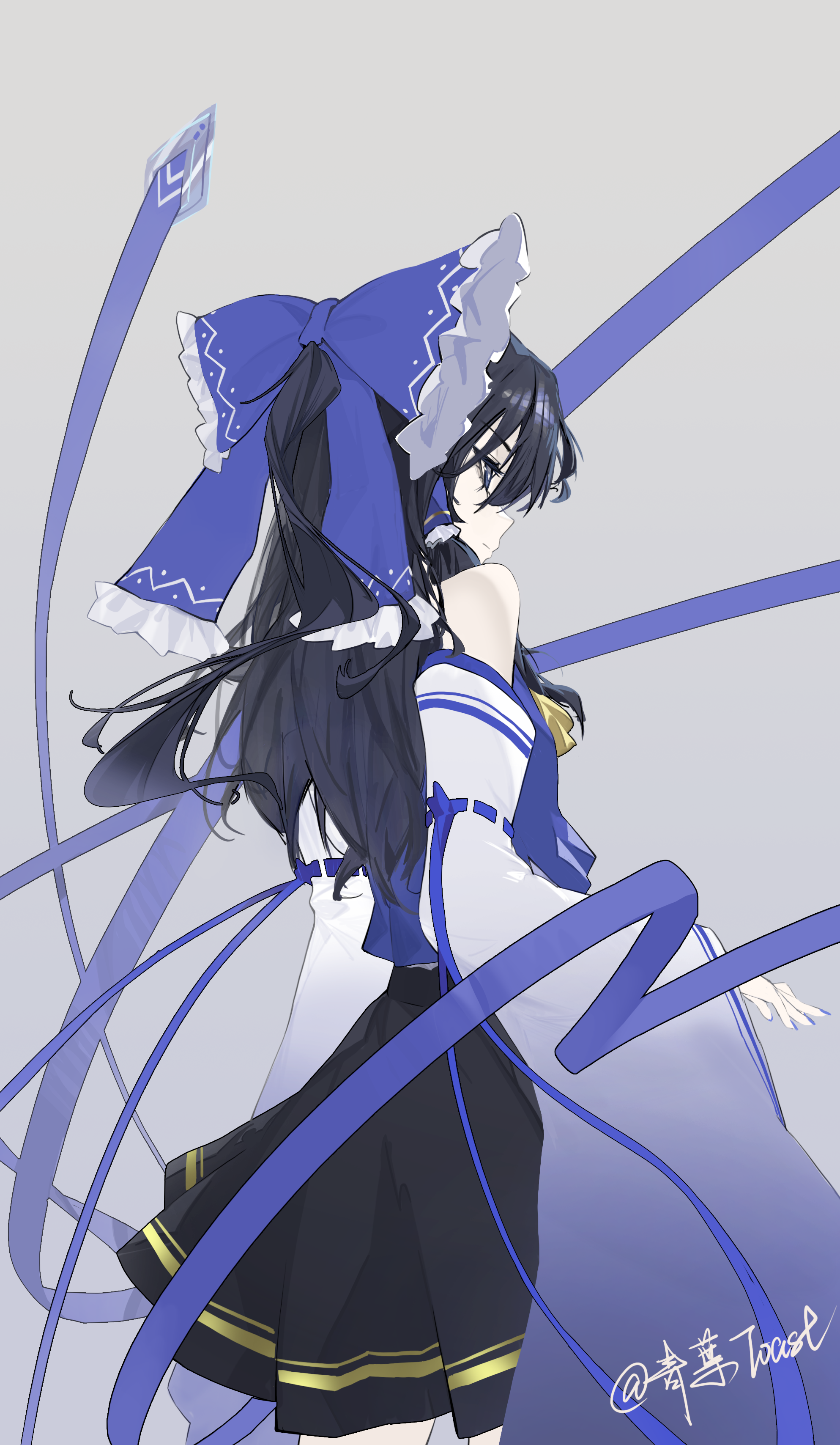 toast13, hakurei reimu, touhou, absurdres, commentary, highres, 1girl, adapted costume, alternate color, alternate costume, ascot, black eyes, black hair, black skirt, blue bow, bow, detached sleeves, frilled bow, frilled hair tubes, frills, from behind, hair bow, hair tubes, long hair, ribbon-trimmed sleeves, ribbon trim, skirt, solo, yellow ascot