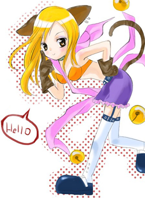 cat (trickster), trickster (ntreev soft), lowres, 10s, animal ears, bell, blonde hair, cat ears, cat tail, choker, gloves, skirt, solo, tail, thighhighs, yellow eyes