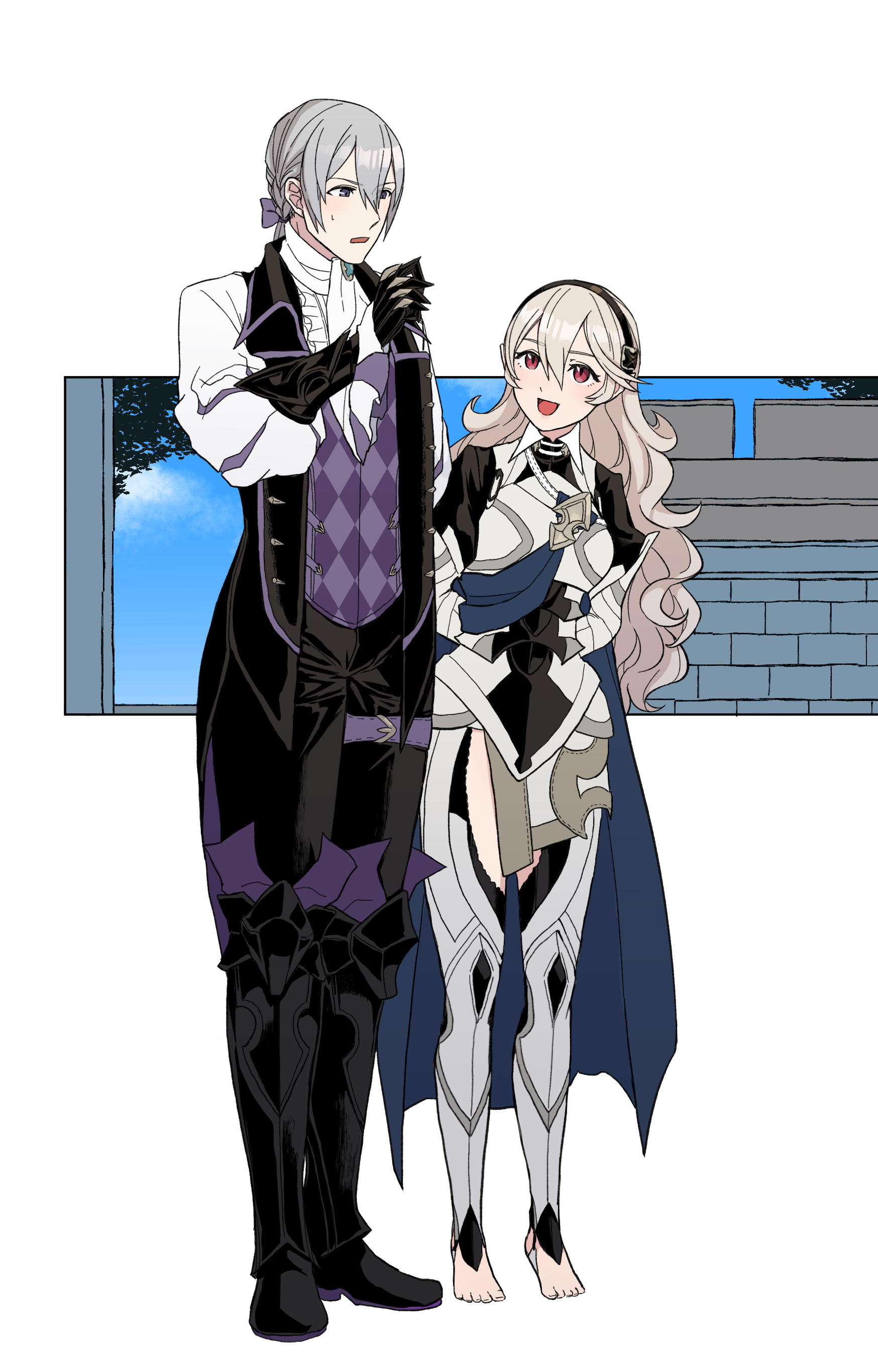 yuki12046, female corrin (fire emblem), jakob (fire emblem), fire emblem, fire emblem fates, nintendo, absurdres, highres, 1boy, 1girl, black hairband, bow, butler, grey hair, hair between eyes, hair bow, hairband, long hair, looking at another, nohrian butler uniform, pointy ears, purple bow, red eyes, smile, thighs, tuxedo shirt, white hair