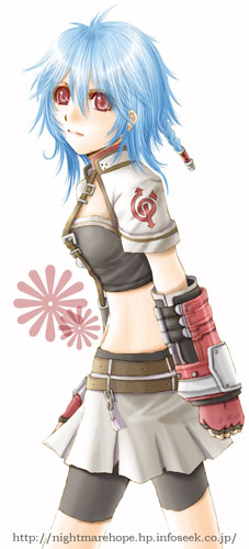 bunny (trickster), trickster (ntreev soft), lowres, 10s, 1girl, bike shorts, blue hair, braid, female focus, fingerless gloves, gloves, midriff, red eyes, skirt, solo