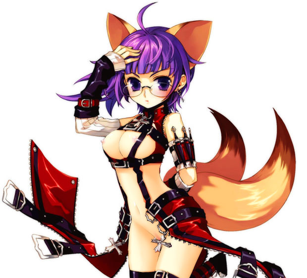 fox (trickster), trickster (ntreev soft), third-party edit, 10s, 1girl, animal ears, bottomless, breasts, female focus, fox ears, fox tail, glasses, knife, nipple slip, nipples, purple eyes, purple hair, pussy, revealing clothes, simple background, solo, tail, thighhighs, uncensored, white background