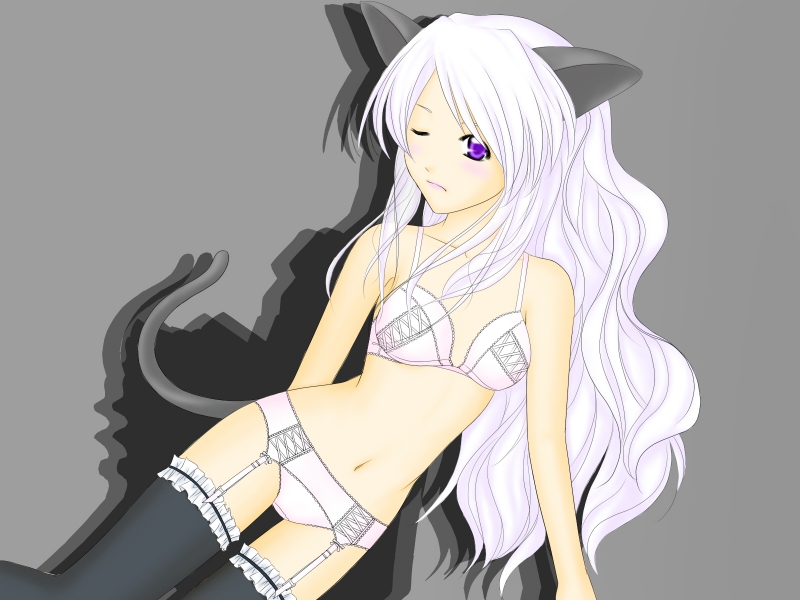 cat (trickster), trickster (ntreev soft), 10s, animal ears, bra, cat ears, cat tail, garter belt, lingerie, midriff, one eye closed, panties, purple eyes, solo, tail, thighhighs, underwear, white hair, wink