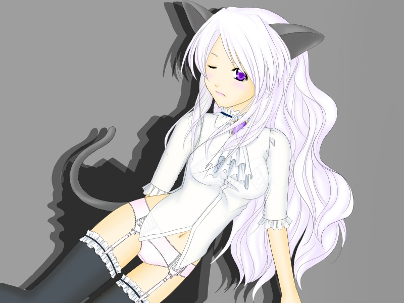 cat (trickster), trickster (ntreev soft), 10s, animal ears, brooch, cat ears, cat tail, garter belt, jewelry, lingerie, one eye closed, panties, purple eyes, solo, tail, thighhighs, underwear, white hair, wink