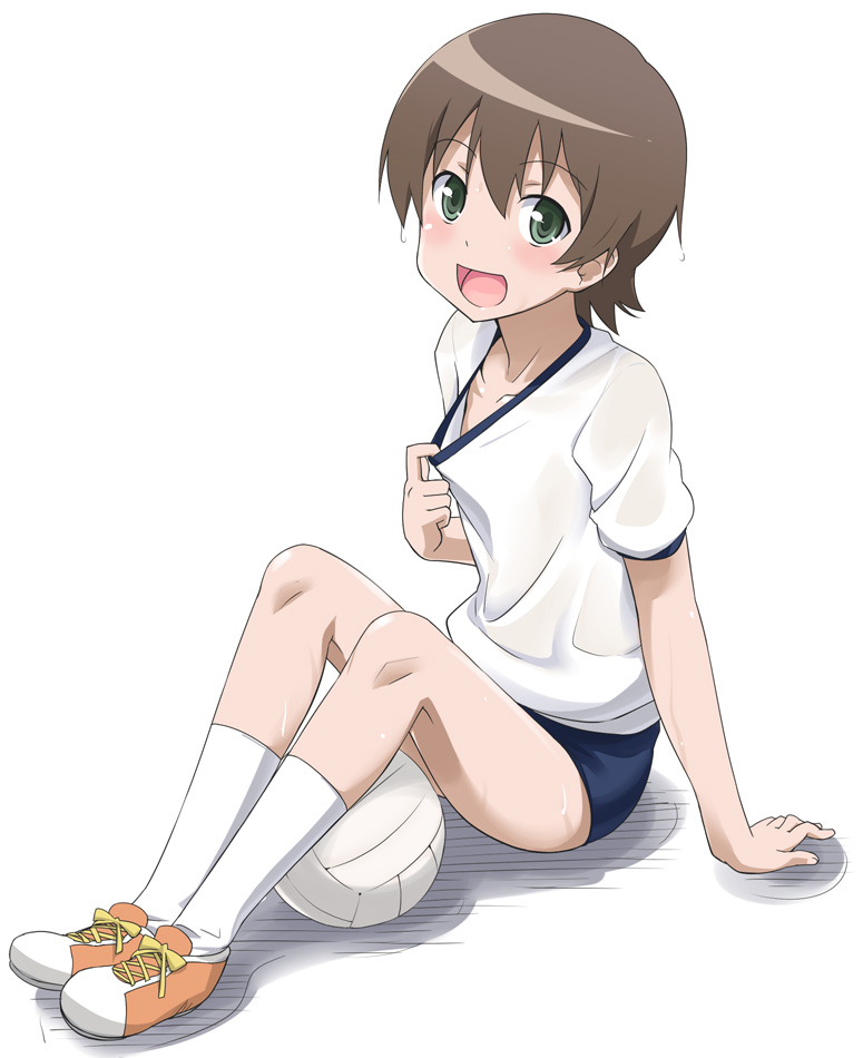 youkan, hirakawa natsumi, kyou no go no ni, bad id, bad pixiv id, 00s, 1girl, ball, blush, brown hair, buruma, clothes pull, female focus, green eyes, gym uniform, shirt pull, short hair, smile, solo, sweat, volleyball, volleyball (object)