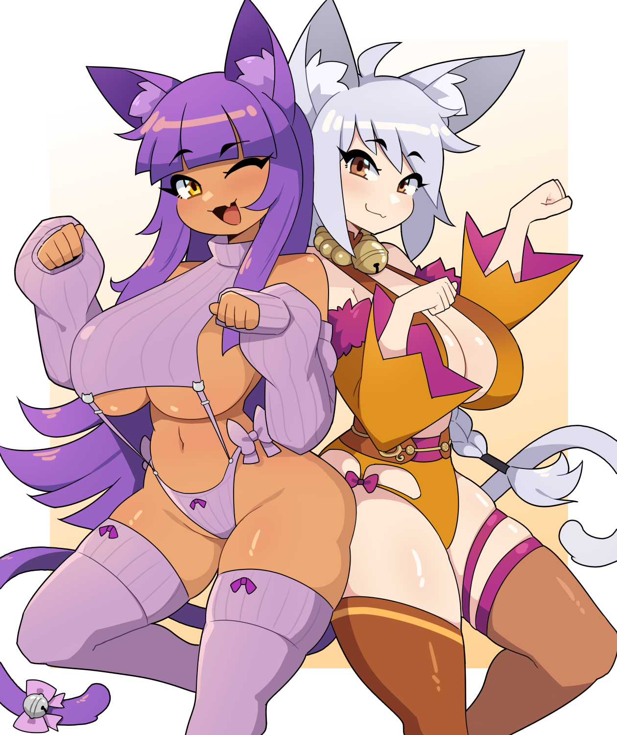 daigada, original, commission, highres, 2girls, ahoge, animal ears, bell, blunt bangs, borrowed character, braid, breasts, brown eyes, brown thighhighs, cat ears, cat girl, cat tail, cleavage, closed mouth, dark-skinned female, dark skin, fang, grey hair, long hair, long sleeves, looking at viewer, multiple girls, navel, neck bell, one eye closed, open mouth, purple hair, purple thighhighs, sideboob, single braid, skin fang, smile, tail, thighhighs, underboob