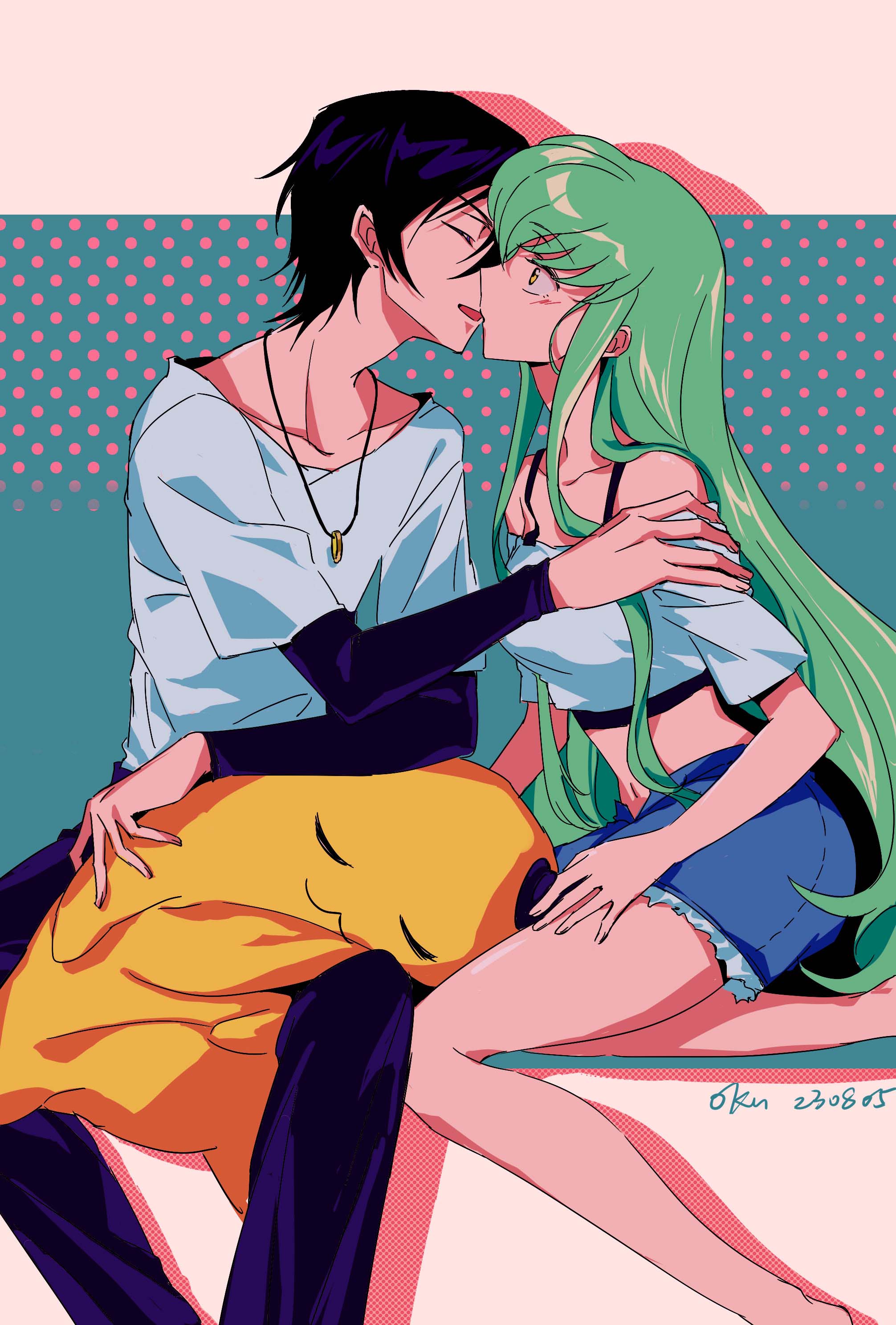 okuseric, c.c., cheese-kun, lelouch vi britannia, code geass, absurdres, highres, 1boy, 1girl, black hair, black pants, blush, closed eyes, crop top, green hair, hetero, imminent kiss, jewelry, long hair, long sleeves, necklace, pants, shirt, short hair, shorts, simple background, sitting, very long hair, white shirt, yellow eyes