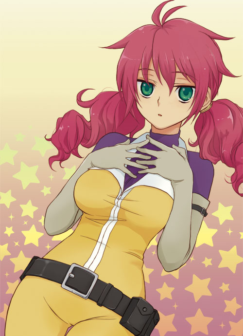 plum (arch), feldt grace, gundam, gundam 00, 00s, 1girl, ahoge, belt, bodysuit, breasts, cowboy shot, elbow gloves, female focus, gloves, green eyes, medium breasts, pink hair, skin tight, solo, star (symbol), twintails, utility belt, zipper