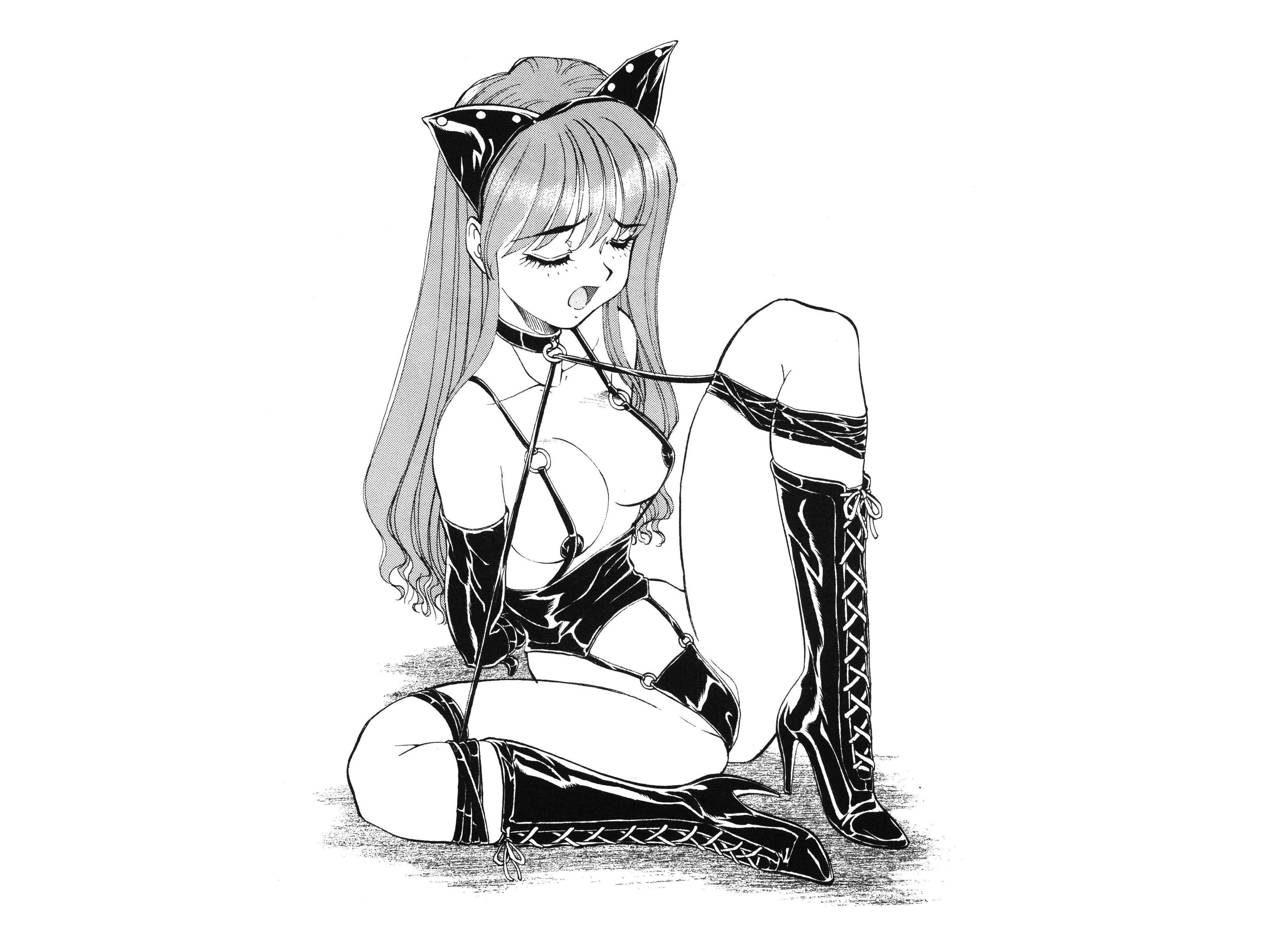 mon mon, original, absurdres, highres, 1girl, bdsm, bondage, boots, bound, female focus, greyscale, high heel boots, high heels, leather, monochrome, slave, solo