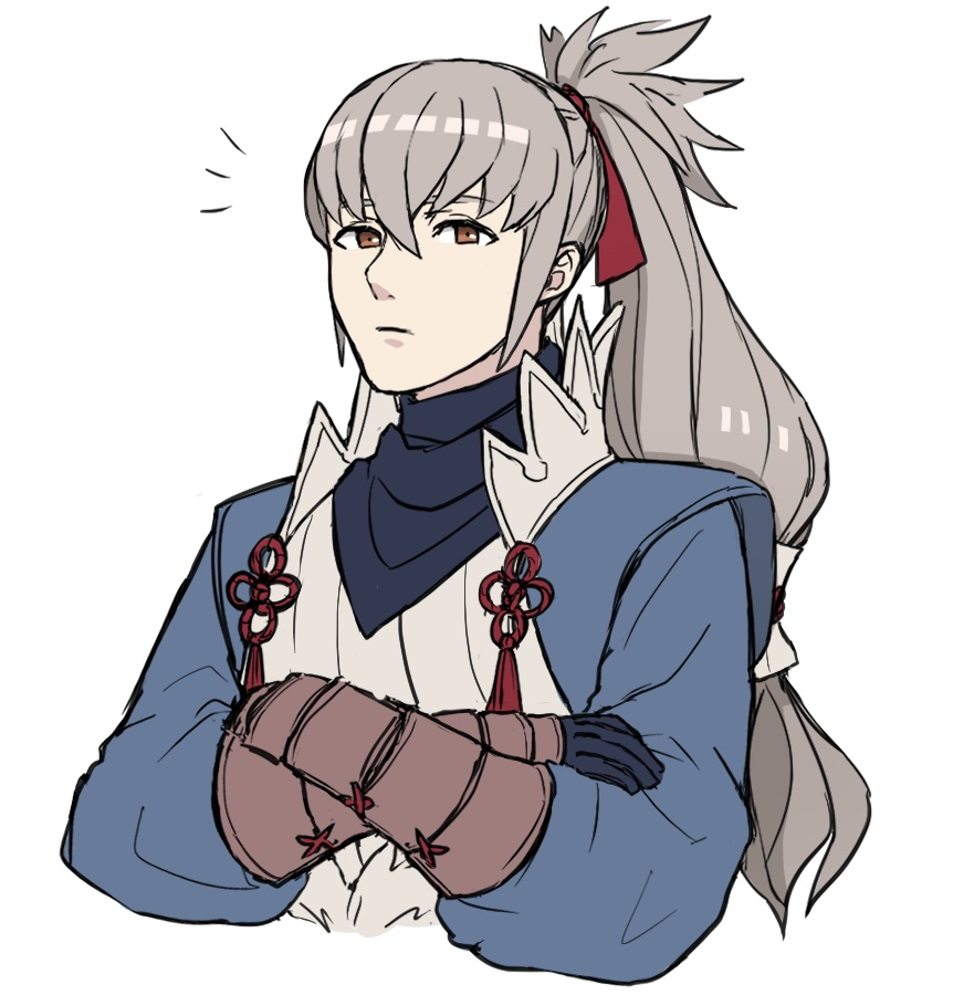 yuki12046, takumi (fire emblem), fire emblem, fire emblem fates, nintendo, 1boy, crossed arms, grey hair, hair ribbon, japanese clothes, long hair, male focus, orange hair, ponytail, red ribbon, ribbon, solo
