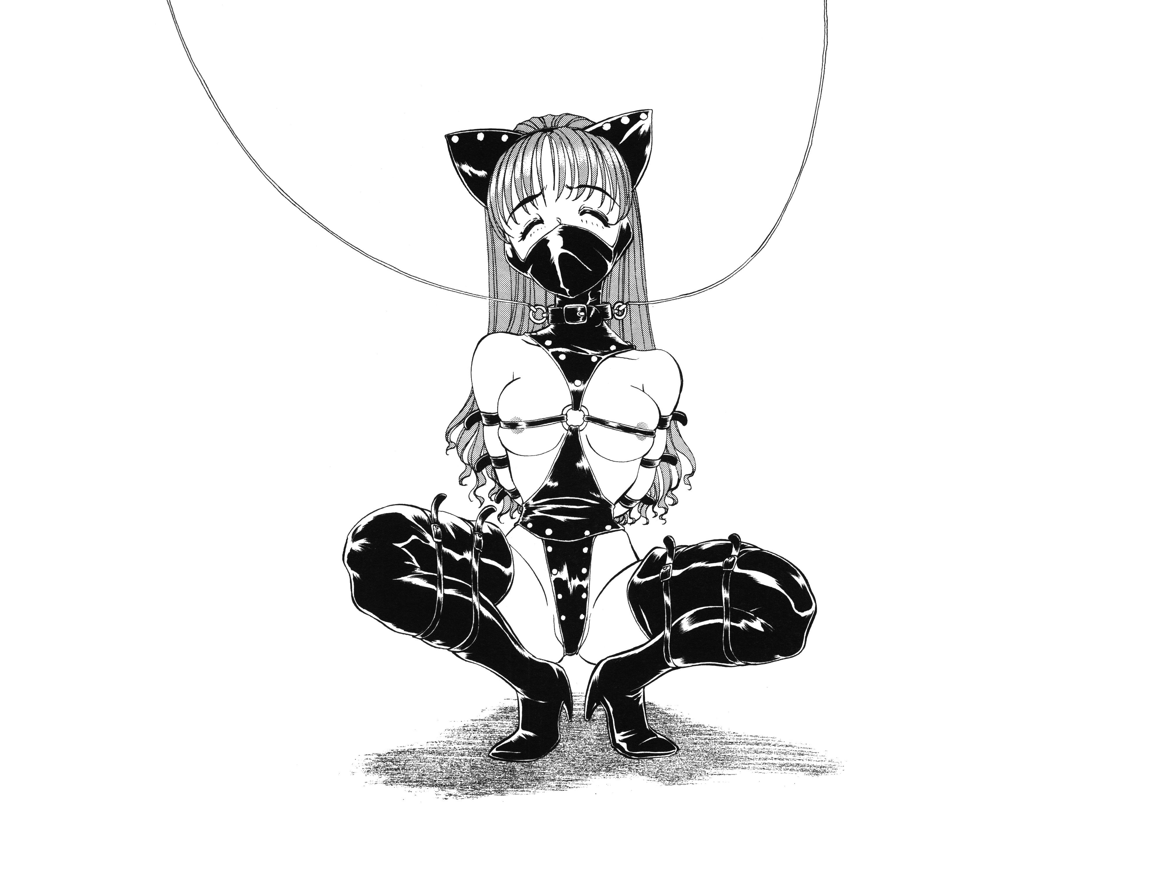 mon mon, original, absurdres, highres, 1girl, arms behind back, bdsm, bondage, boots, bound, breasts, collar, female focus, frogtie, gag, gagged, greyscale, knees apart feet together, leather, medium breasts, monochrome, partially visible vulva, slave, solo, thighhighs