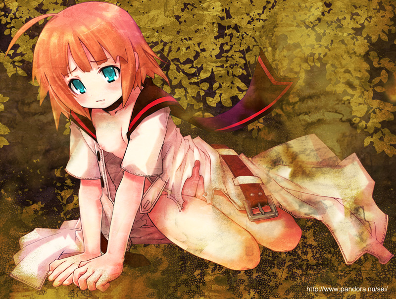 morino papiko, papimo, medic (sekaiju), medic 2 (sekaiju), atlus, etrian odyssey, bad id, bad pixiv id, 1girl, ahoge, aqua eyes, bottomless, female focus, no panties, open clothes, orange hair, short hair, solo