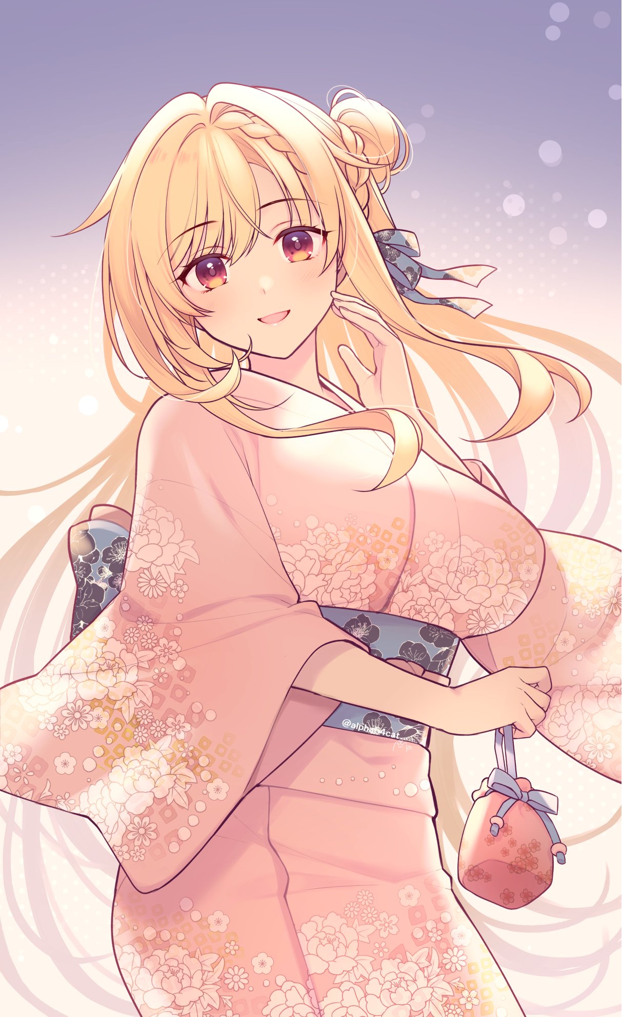 alpha (yukai na nakamatachi), unravel trigger, commentary request, copyright request, highres, 1girl, blonde hair, braid, breasts, cowboy shot, floral print, floral print kimono, gradient background, gradient eyes, hair bun, hand up, japanese clothes, kimono, large breasts, long hair, long sleeves, looking at viewer, millicent fried leonhardt, multicolored eyes, obi, open mouth, parted bangs, pink kimono, print kimono, sash, smile, solo, standing, very long hair, wide sleeves