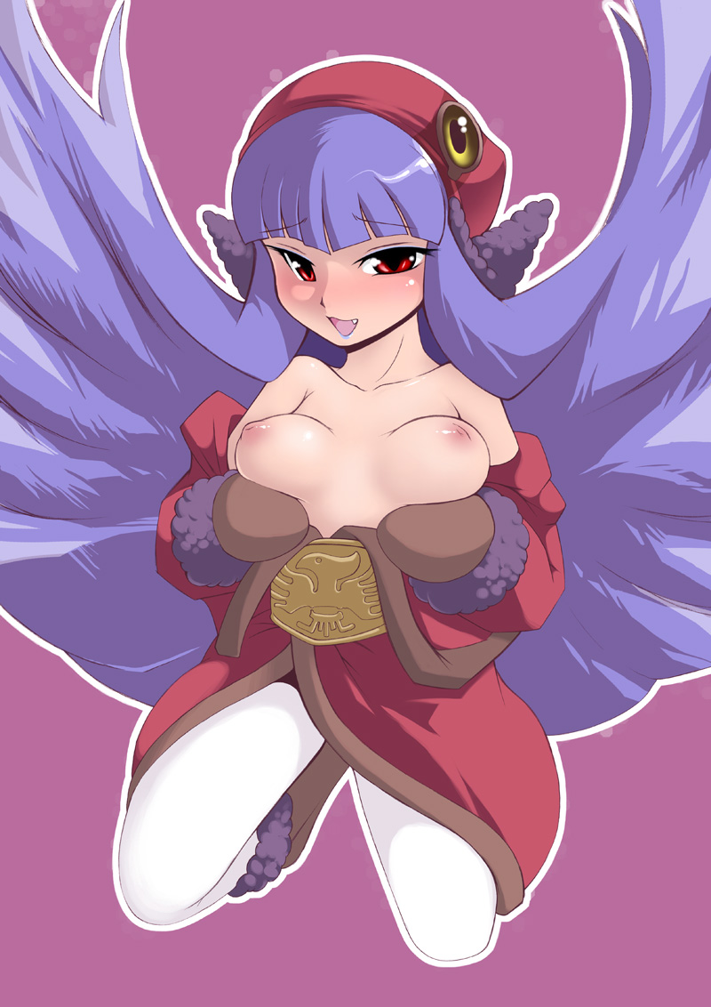 noise (lesion949), muu shuwuu (megami tensei), devil summoner (series), breast hold, 1girl, blush, breast lift, breasts, coat, demon (megami tensei), fang, female focus, hat, kneeling, long hair, mittens, pantyhose, purple hair, red eyes, solo, white pantyhose, winter clothes, winter coat
