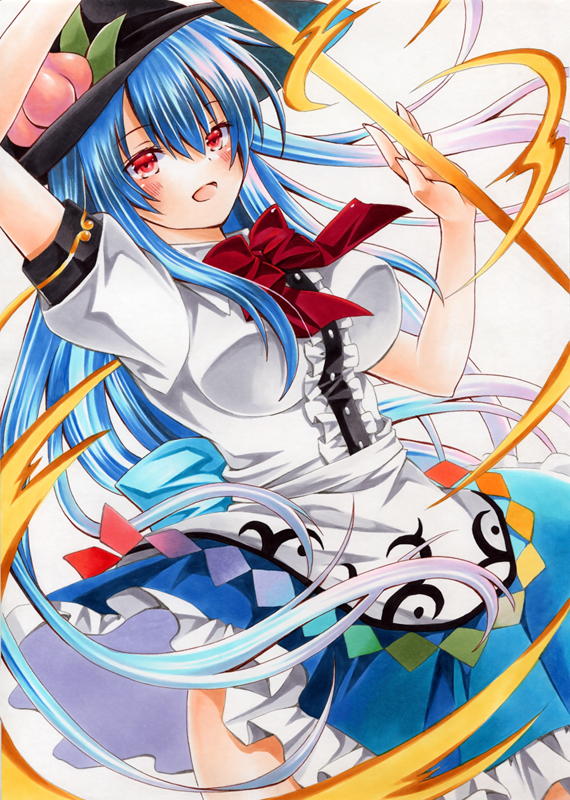 suzune koto (avuu3784), hinanawi tenshi, touhou, commentary, marker (medium), traditional media, 1girl, black hat, blue hair, blue skirt, blush, bow, bowtie, breasts, center frills, collared shirt, frilled skirt, frills, hat, hat ornament, holding, holding sword, holding weapon, large breasts, leaf hat ornament, long hair, looking at viewer, open mouth, peach hat ornament, puffy short sleeves, puffy sleeves, rainbow order, red bow, red bowtie, red eyes, shirt, short sleeves, skirt, smile, solo, sword, sword of hisou, very long hair, weapon, white shirt