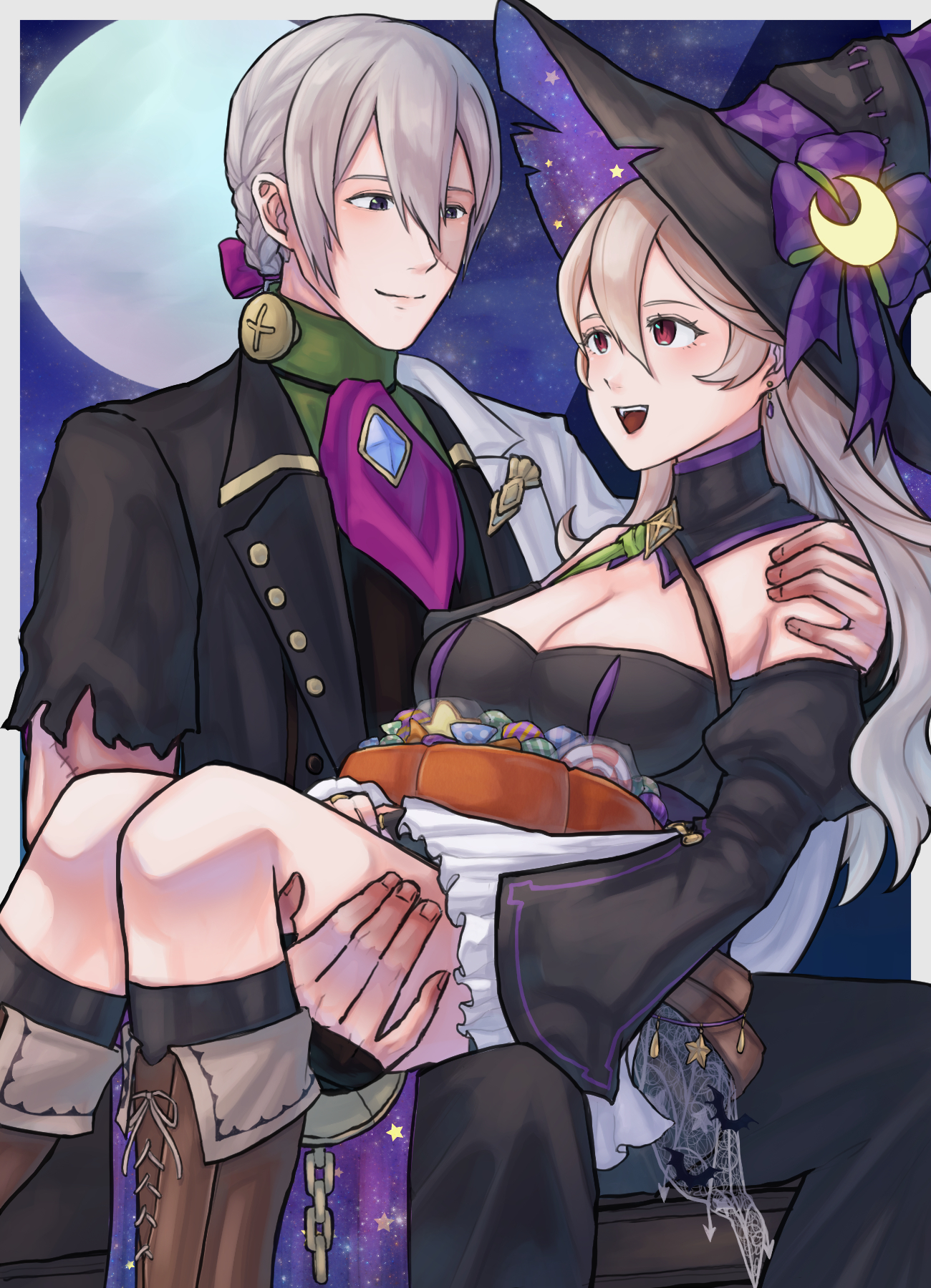 yuki12046, female corrin (fire emblem), female corrin (halloween) (fire emblem), jakob (devoted monster) (fire emblem), jakob (fire emblem), fire emblem, fire emblem fates, fire emblem heroes, nintendo, highres, 1boy, 1girl, aristocratic clothes, bare shoulders, black dress, bow, breasts, candy, carrying, cleavage, couple, crescent, crescent hat ornament, detached sleeves, dress, food, full moon, green sash, grey hair, hair bow, halloween, halloween costume, hat, hat ornament, hetero, jack-o'-lantern, large breasts, long hair, moon, night, night sky, official alternate costume, open mouth, pointy ears, princess carry, purple bow, red eyes, sash, sky, smile, stitches, thighs, witch, witch hat, zombie