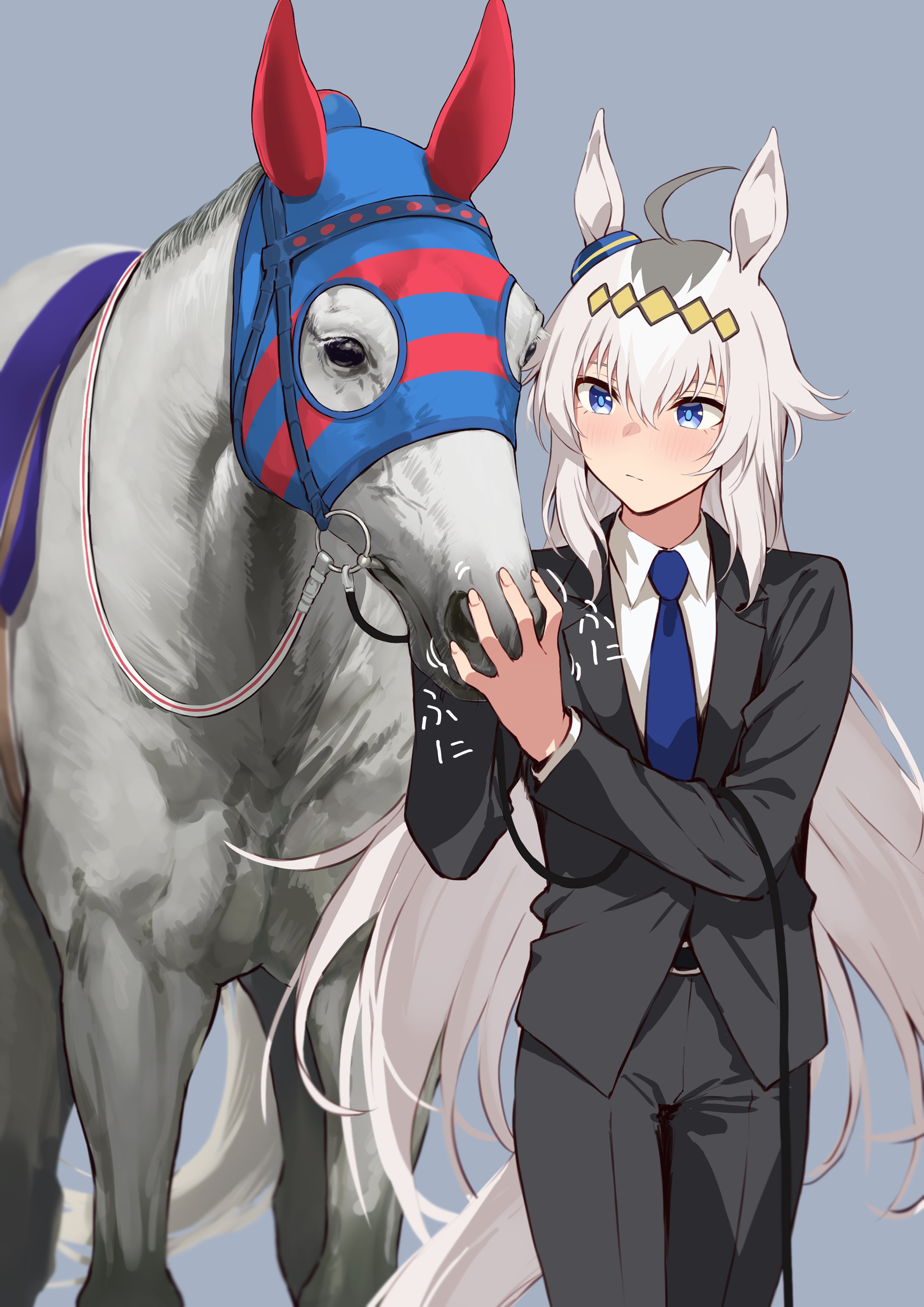 motsunabe (mo2nap3), oguri cap (umamusume), real life, umamusume, absurdres, highres, 1girl, ahoge, animal ears, black jacket, black pants, blue eyes, blue necktie, blush, closed mouth, collared shirt, ear covers, ear ornament, formal clothes, grey hair, grey tail, hair between eyes, hair ornament, hairband, horse, horse ears, horse girl, horse mask, horse tail, jacket, long hair, long sleeves, mask, multicolored hair, necktie, pants, reins, shirt, simple background, suit, tail, tamamo cross (racehorse)