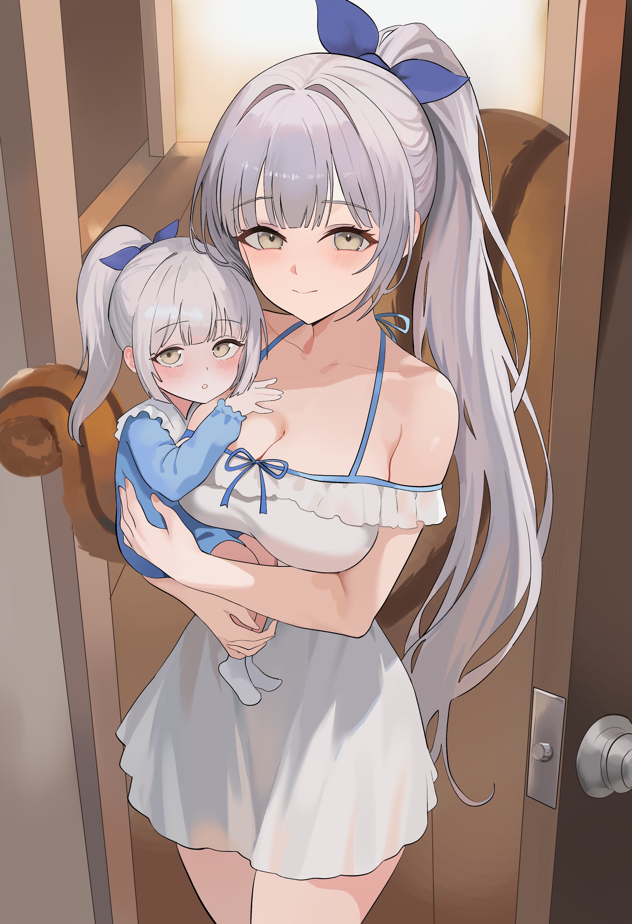 nbee ya, maplestory, absurdres, character request, check character, highres, 2girls, baby, bow, breasts, brown eyes, carrying, carrying baby, carrying person, door, dress, frilled dress, frills, grey hair, hair bow, high ponytail, large breasts, looking at viewer, multiple girls, open door, player character (maplestory), ponytail, squirrel tail, tail, white dress