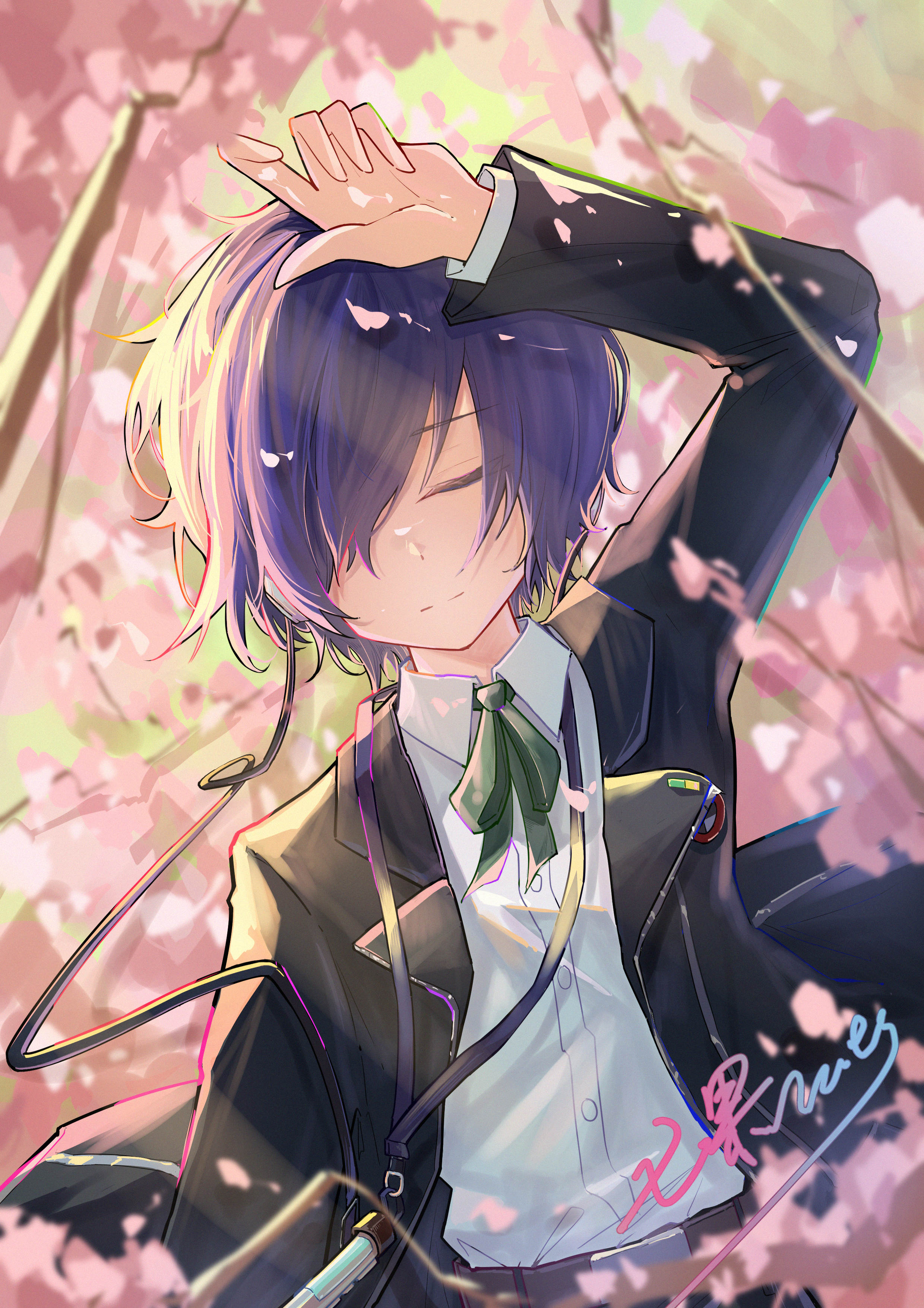 yuuki makoto (persona 3), persona, persona 3, absurdres, commentary request, highres, 1boy, belt, black jacket, blue hair, blurry, blurry background, cherry blossoms, cherry tree, closed eyes, closed mouth, digital media player, digital walkman, dress shirt, earphones, falling petals, gekkoukan high school uniform, green ribbon, hair over one eye, hand on own head, hand up, jacket, light smile, male focus, nutsumi47, open clothes, open jacket, outdoors, petals, pink petals, ribbon, school uniform, shirt, short hair, signature, solo, upper body, walkman nw-s203f, white shirt