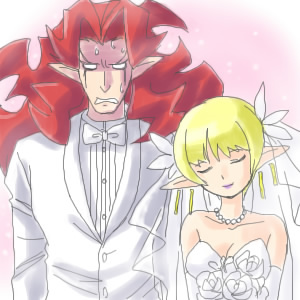 karina, salome (phantom kingdom), zetta (phantom kingdom), nippon ichi, phantom kingdom, lowres, 1boy, 1girl, blonde hair, closed eyes, demon girl, dress, earrings, flower, formal clothes, happy, jewelry, pointy ears, red hair, suit, sweatdrop, wedding, wedding dress
