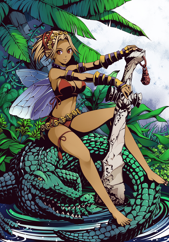 torigoe takumi, original, 1girl, alligator, armband, barefoot, bikini, blonde hair, breasts, cleavage, collar, crocodile, crocodilian, dark-skinned female, dark skin, fairy, feet, female focus, hand on hilt, jungle, nature, orange bikini, orange eyes, pointy ears, red eyes, short hair, side-tie bikini bottom, sitting, solo, swimsuit, sword, thigh strap, weapon, wings