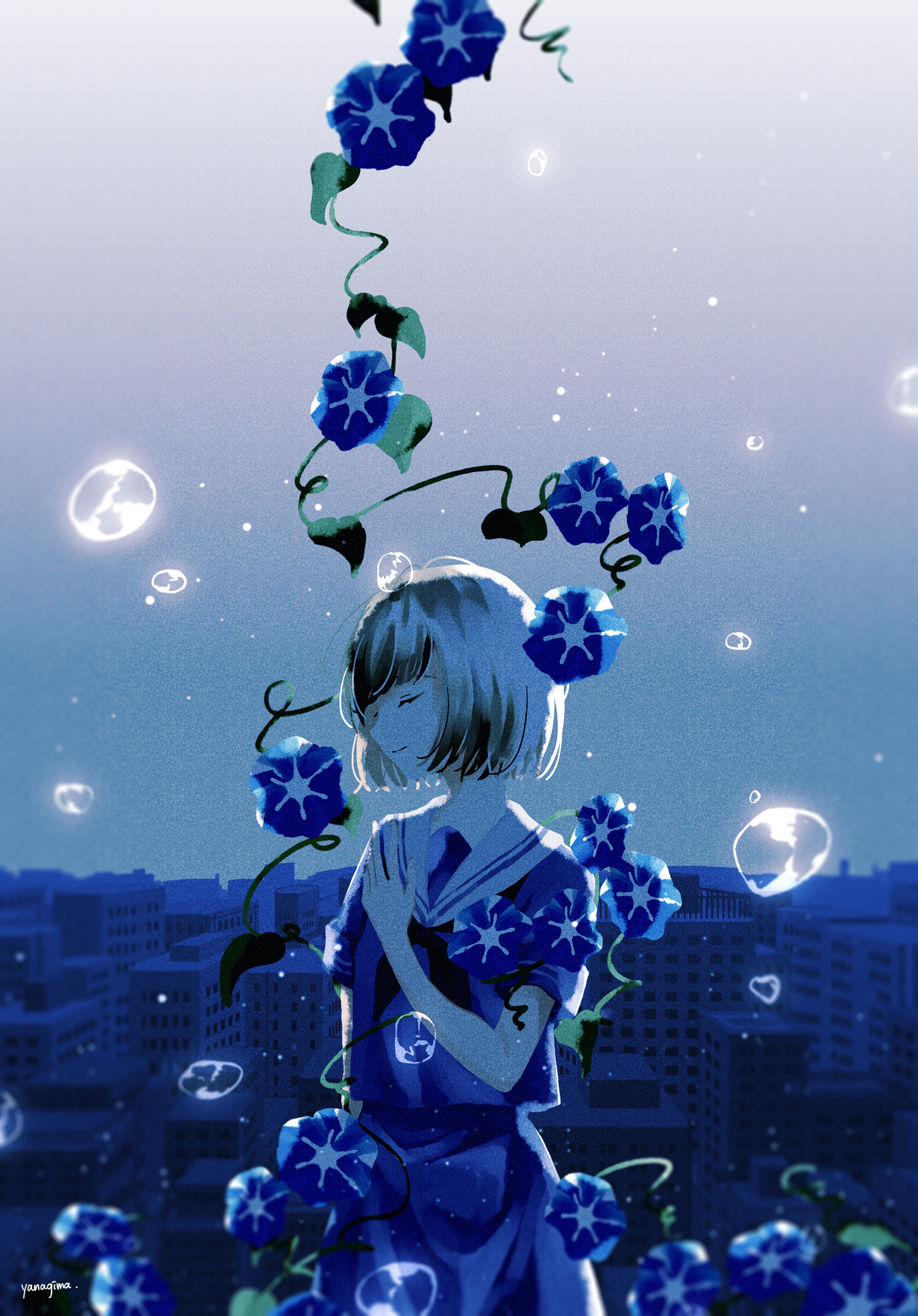 yanagima yu03, original, highres, 1girl, building, city, closed eyes, flower, leaf, morning glory, plant, school uniform, short hair, solo, swept bangs, vines, water drop