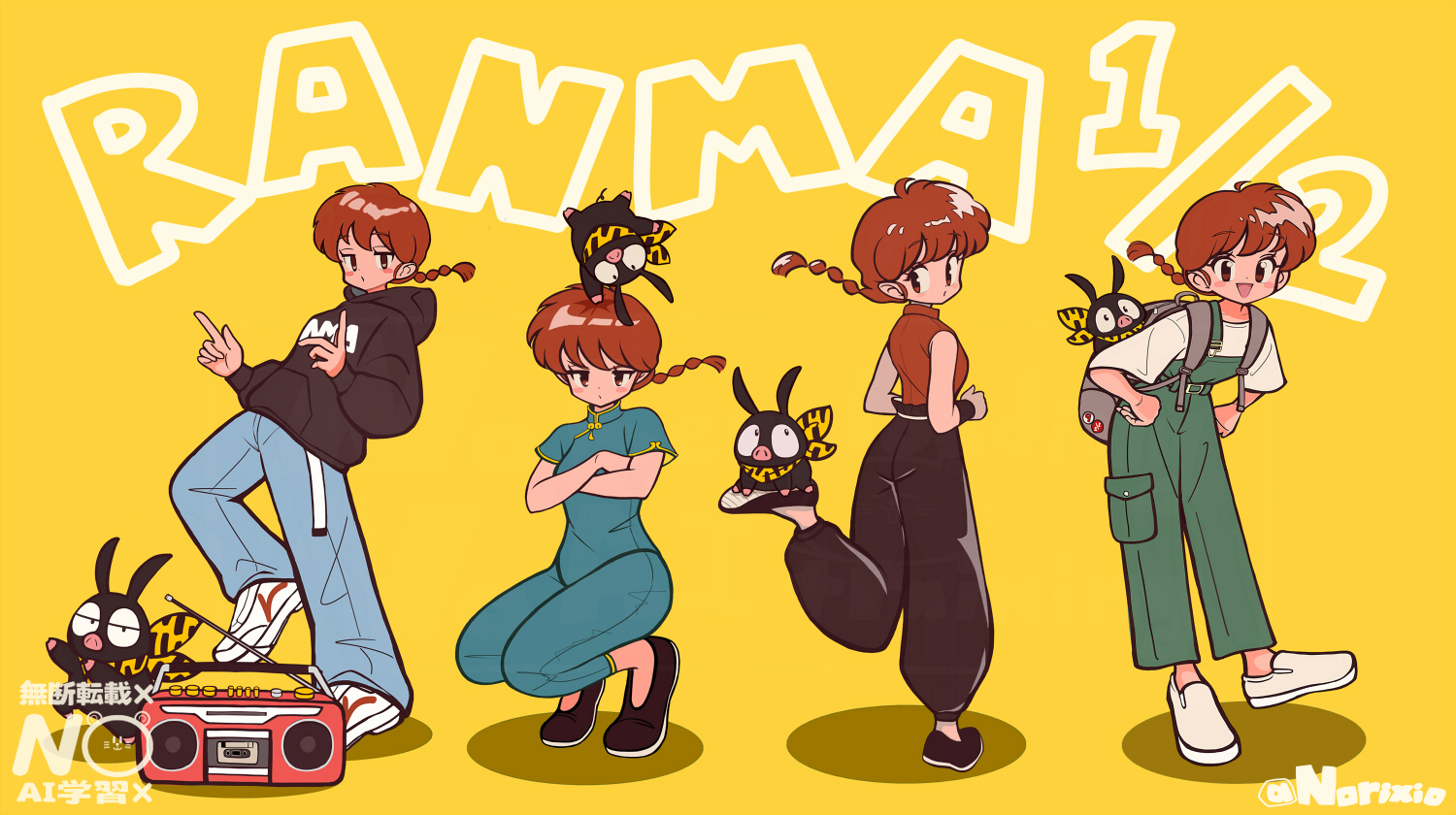 norixio, p-chan, ranma-chan, ranma 1/2, 1girl, animal, animal on head, animal print, backpack, bag, baggy pants, bandana, bare shoulders, black hoodie, black shoes, blue overalls, boombox, braid, breasts, cargo pants, chinese clothes, crossed arms, denim, flats, full body, grey bag, half-closed eyes, hood, hood down, hoodie, jeans, leaning forward, medium breasts, multiple views, on head, open mouth, overalls, pants, pig, pin, print bandana, red hair, red shirt, shirt, shoes, short hair with long locks, short sleeves, single braid, sleeveless, sleeveless shirt, smile, sneakers, squatting, tiger print, white shirt, white shoes, yellow background