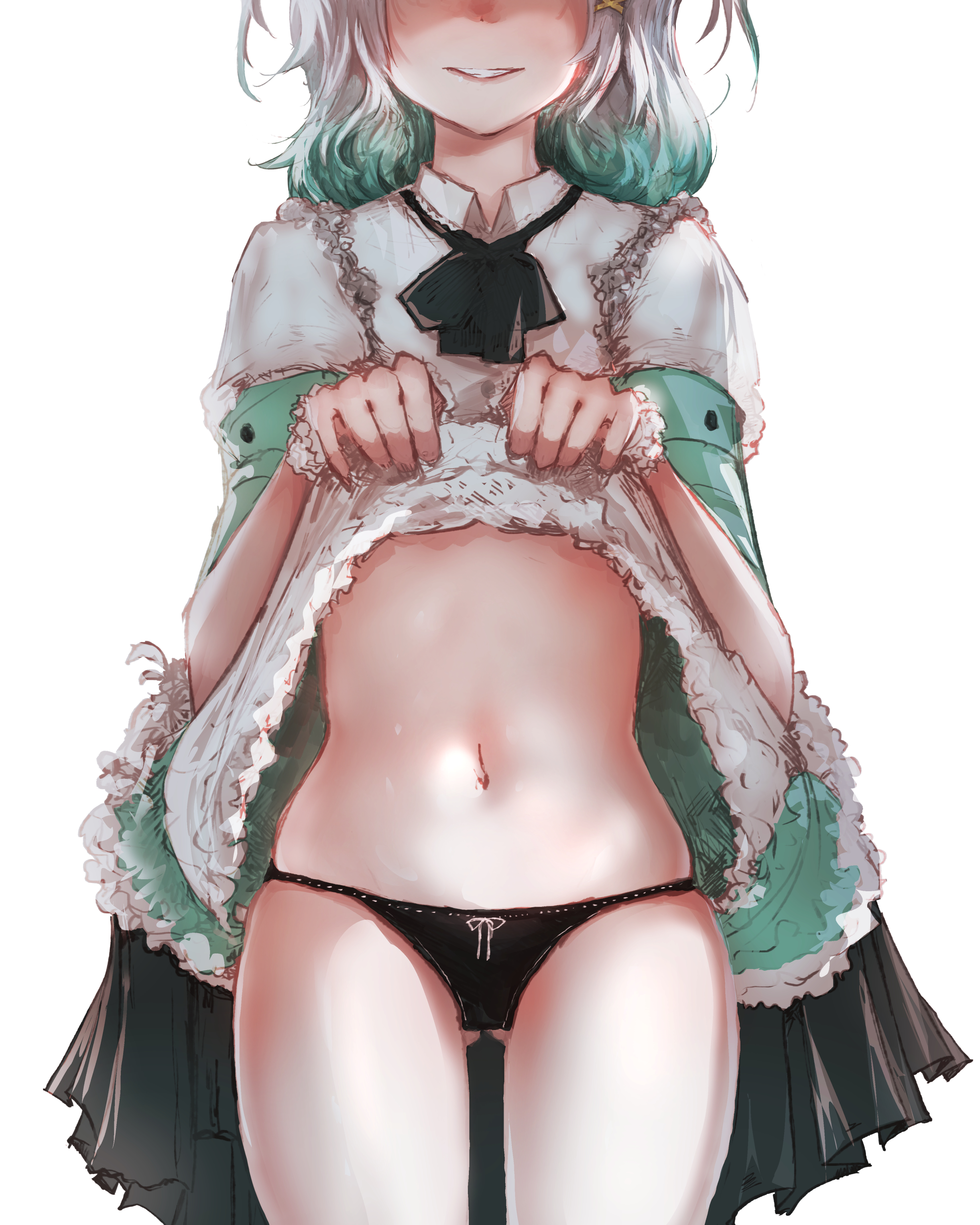 advarcher, mint fantome, mint fantome (minto 2.0), indie virtual youtuber, absurdres, commentary request, highres, 1girl, black bow, black bowtie, black panties, bow, bowtie, clothes lift, collared dress, cowboy shot, dress, dress lift, eyes out of frame, gluteal fold, gradient hair, green dress, green hair, head out of frame, medium hair, multicolored hair, navel, panties, parted lips, simple background, smile, solo, standing, stomach, two-tone dress, two-tone hair, underwear, virtual youtuber, white background, white dress, white hair