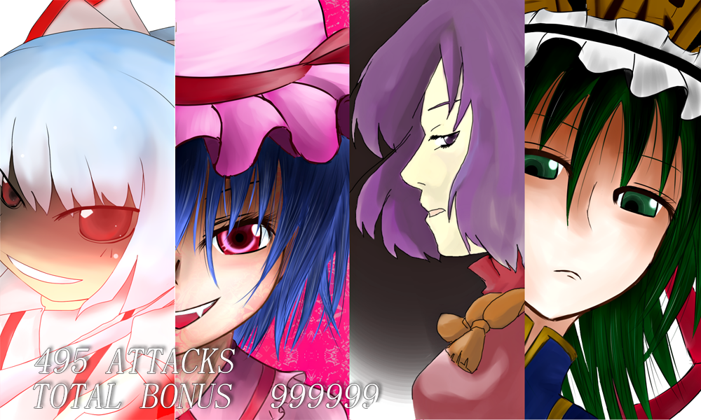 tie (pixiv239104), fujiwara no mokou, remilia scarlet, shiki eiki, yasaka kanako, disgaea, touhou, 2girls, column lineup, cut-in, female focus, gameplay mechanics, multiple girls, parody