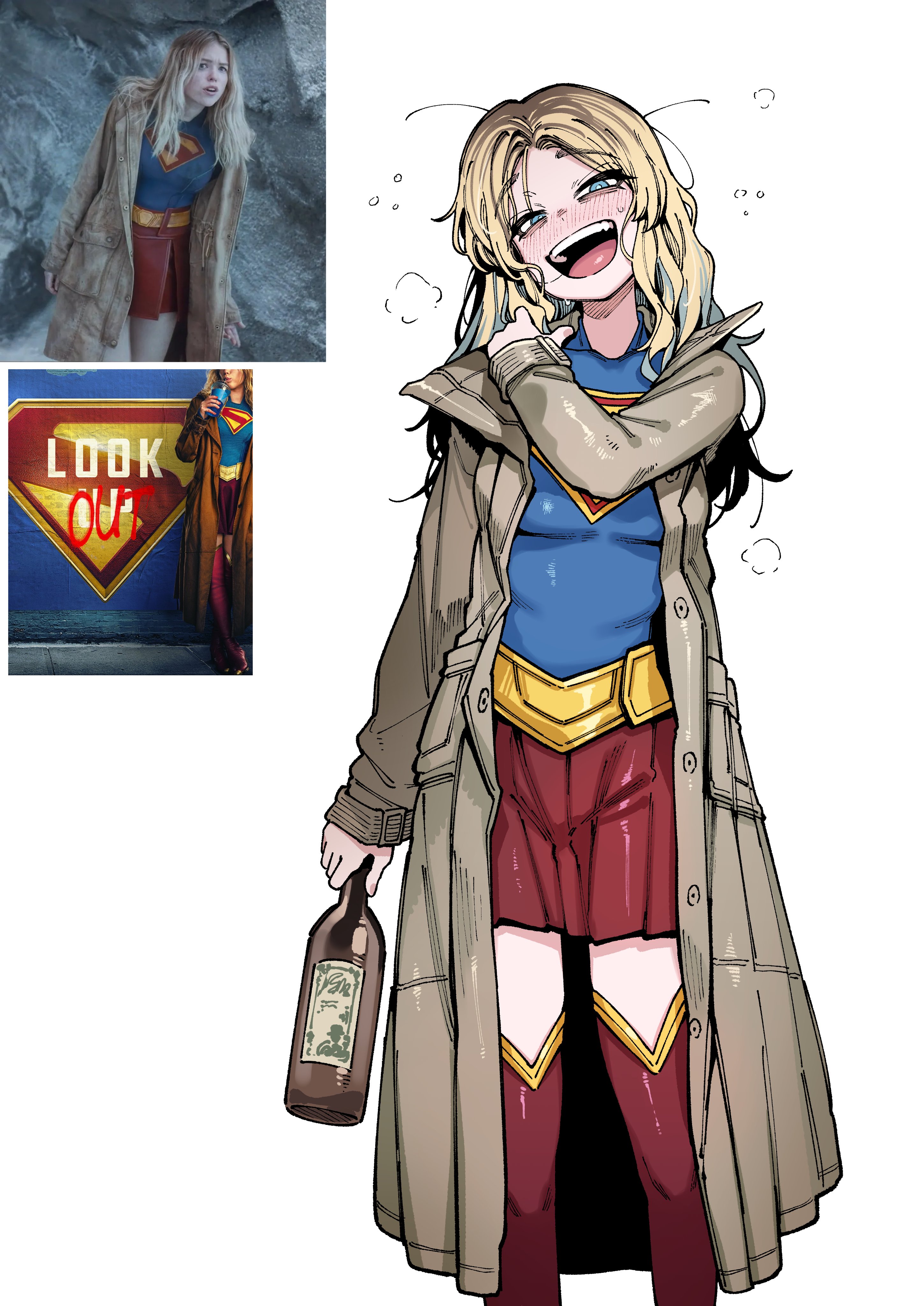 karasu raven, supergirl, dc comics, superman (2025), superman (series), 1girl, :d, alcohol, blonde hair, blue eyes, blush, boots, bottle, breasts, brown coat, cape, coat, cowboy shot, drunk, half-closed eyes, holding, holding bottle, long hair, long sleeves, looking at viewer, medium breasts, messy hair, open mouth, pleated skirt, red boots, red cape, red skirt, reference inset, skirt, smile, superhero costume, trench coat, white background