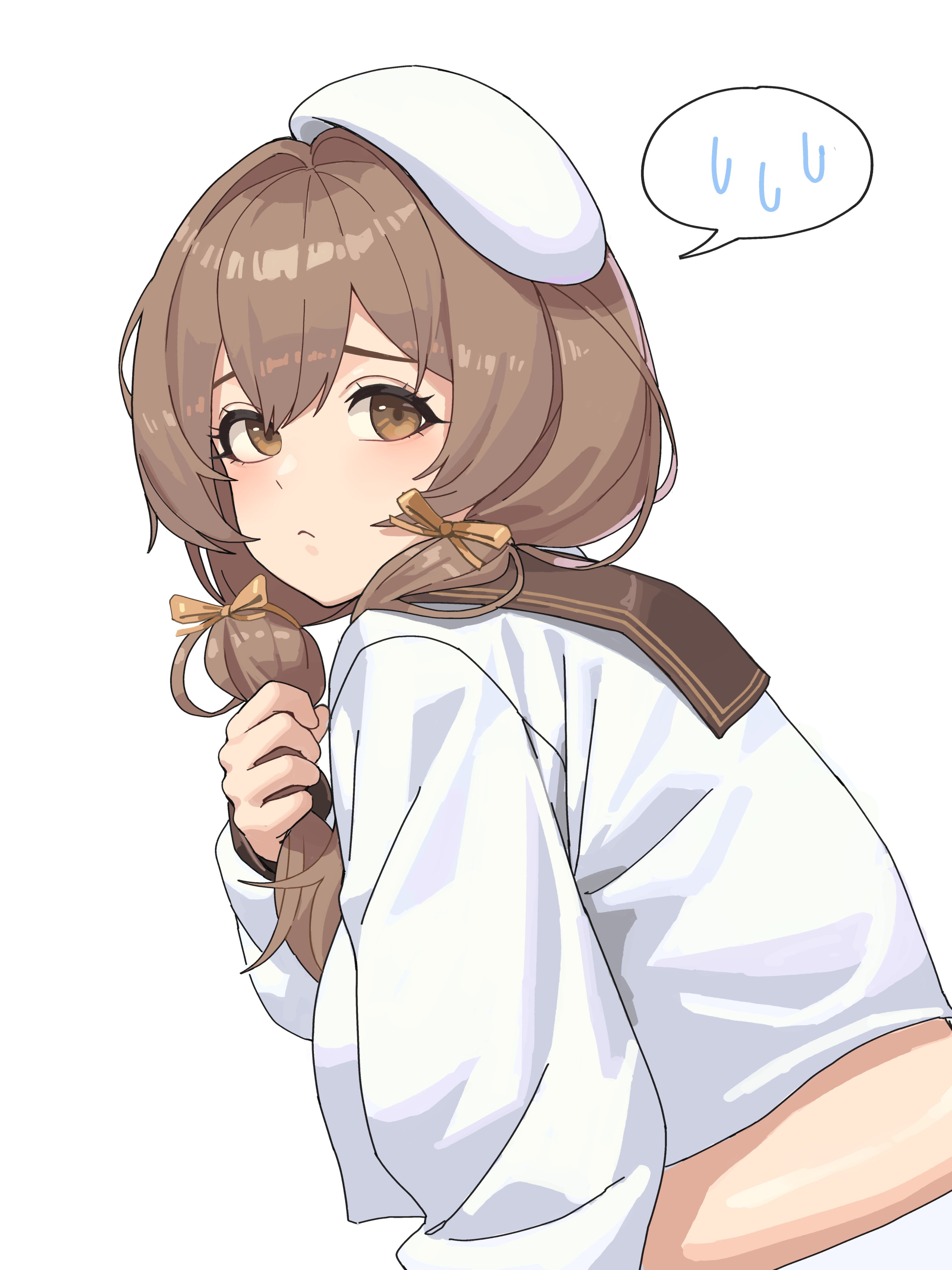 ksksksa, bready (nikke), goddess of victory: nikke, 1girl, beret, blush, bow, brown eyes, brown hair, crop top, from side, hair bow, hair over shoulder, hat, holding, holding own hair, low twintails, medium hair, midriff, plump, shirt, solo, spoken sweatdrop, sweatdrop, twintails, white background, white hat, white shirt