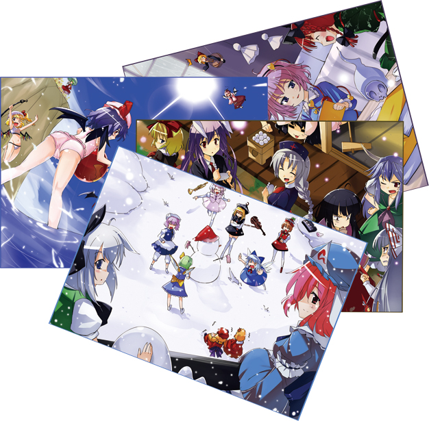 kiku hitomoji, tora tooru, toru tooru, aki minoriko, aki shizuha, cirno, daiyousei, ex-keine, flandre scarlet, fujiwara no mokou, houraisan kaguya, inaba tewi, kaenbyou rin, kamishirasawa keine, kazami yuuka, komeiji satori, konpaku youmu, konpaku youmu (ghost), kurodani yamame, letty whiterock, lunasa prismriver, lyrica prismriver, medicine melancholy, merlin prismriver, mystia lorelei, reisen udongein inaba, remilia scarlet, saigyouji yuyuko, yagokoro eirin, touhou, 6+girls, ass, bikini, blue hair, casual one-piece swimsuit, everyone, female focus, green hair, hat, hitodama, instrument, laevatein, multiple girls, one-piece swimsuit, photo (object), pink hair, purple hair, snow, snowman, swimsuit, teruterubouzu, triangular headpiece, trumpet, violin, wings