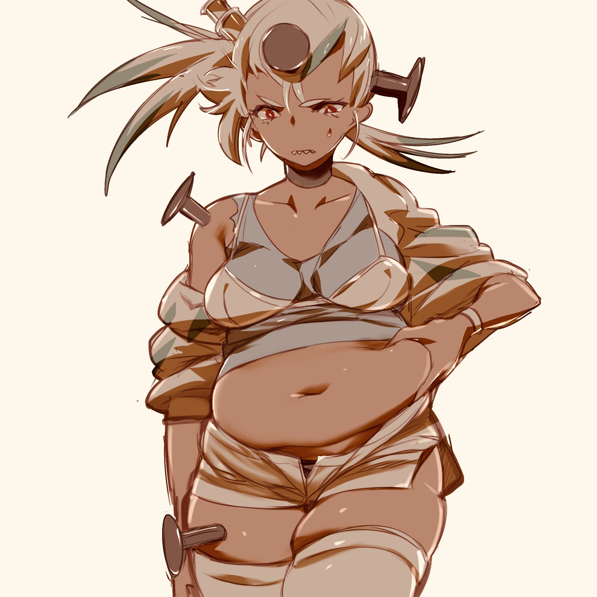 keuma, original, 1girl, belly, belly grab, black choker, blue shirt, blush, breasts, choker, closed mouth, dark-skinned female, dark skin, medium breasts, nail (hardware), nail in head, nails in flesh, navel, open clothes, open shirt, plump, red eyes, sharp teeth, shirt, short shorts, shorts, skindentation, sleeveless, sleeveless shirt, solo, spiked hair, standing, tank top, teeth, thick thighs, thighhighs, thighs, white background, white hair