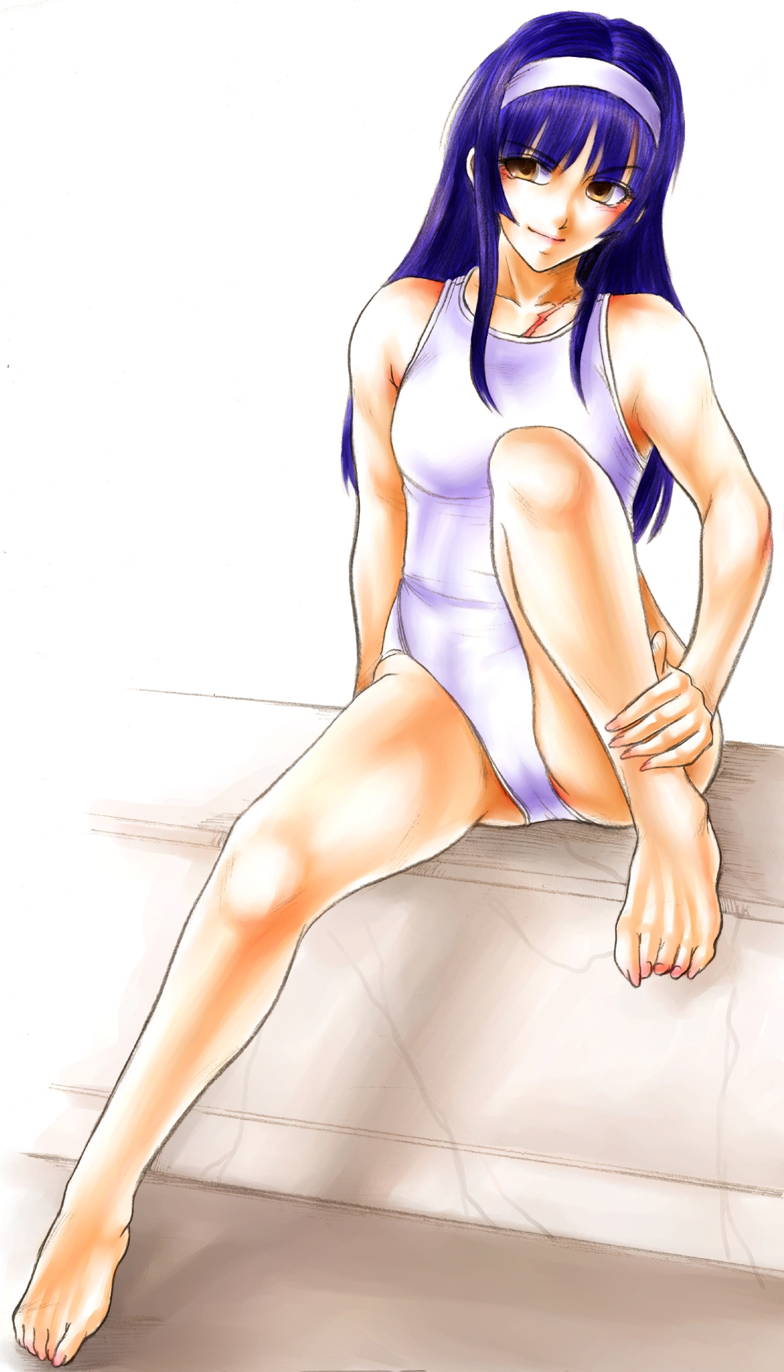 fukushima nyuugyou inc, srungle, kuga araya, cynthia the mission, looking away, highres, 1girl, bare legs, bare shoulders, barefoot, blue hair, brown eyes, feet, female focus, fingernails, hairband, legs, long hair, one-piece swimsuit, purple hair, scar, sidelocks, sitting, smile, solo, swimsuit, toes, white one-piece swimsuit