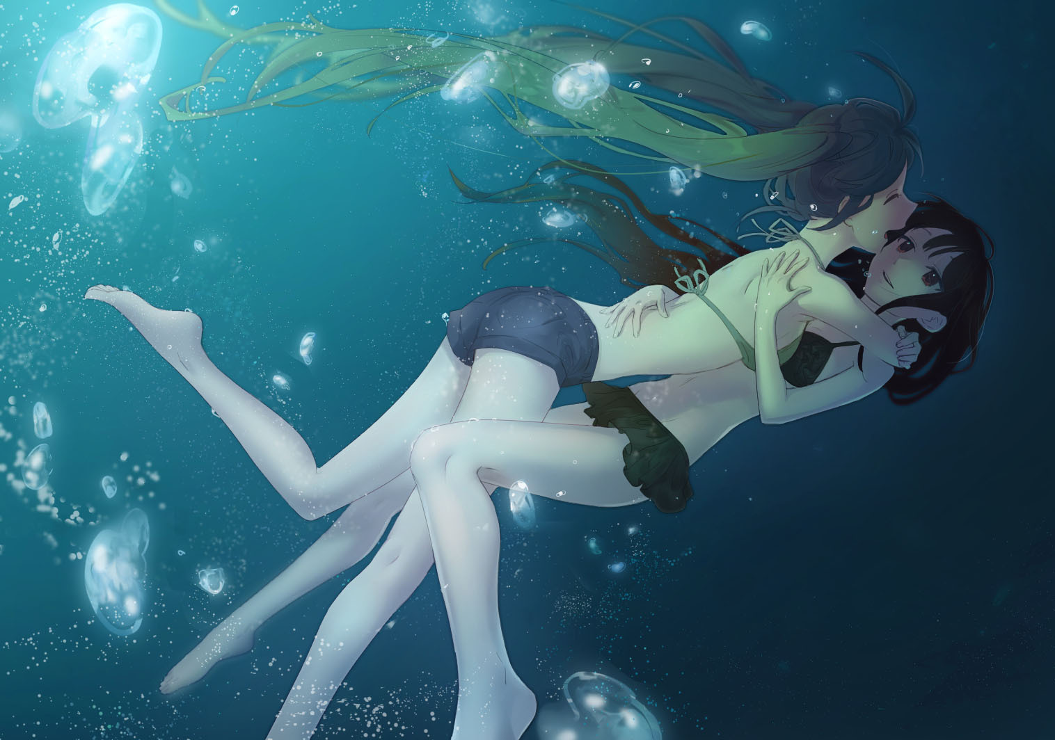 hide38, mizuno sachiko (seabed), takako (seabed), seabed (visual novel), tagme, 2girls, closed eyes, multiple girls, short shorts, shorts, smile, water, yuri