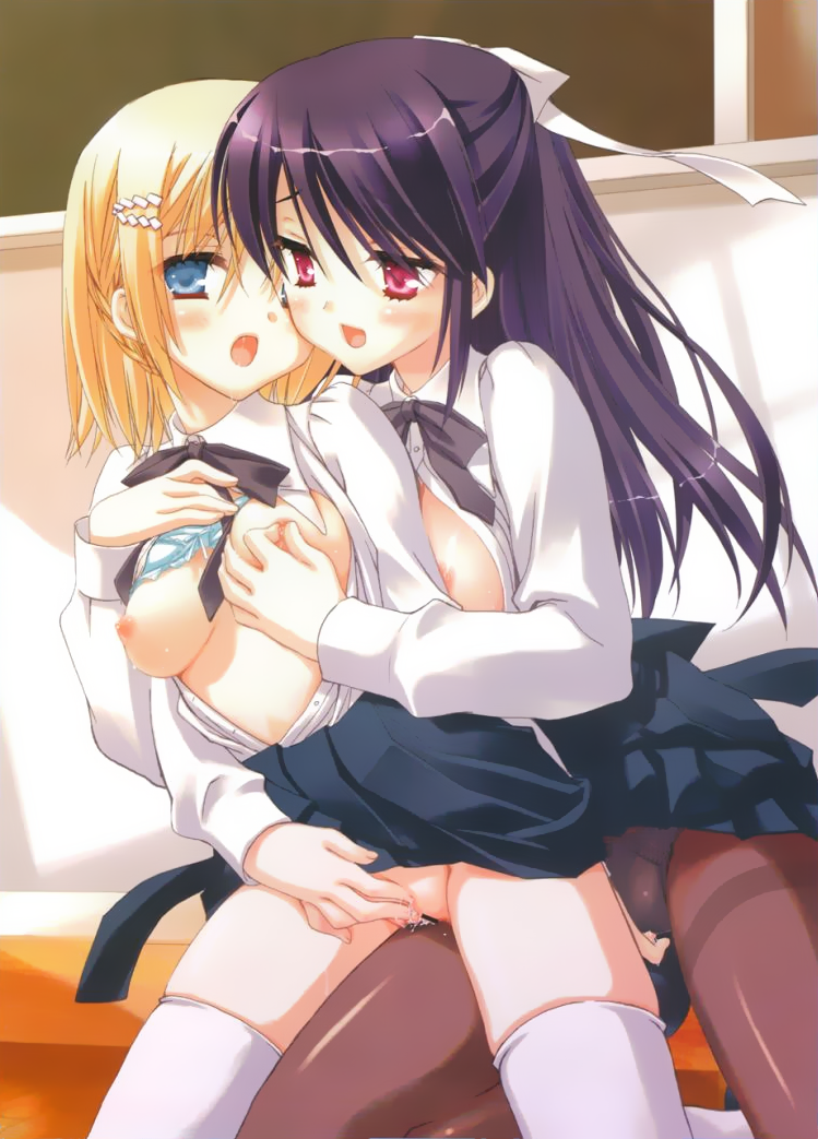kobuichi, 2girls, blonde hair, blue eyes, bra, bra lift, breasts, censored, clitoral stimulation, clothes lift, fingering, grabbing another's breast, groping, lingerie, long hair, multiple girls, nipple stimulation, nipple tweak, nipples, open clothes, open shirt, pantyhose, purple hair, red eyes, ribbon, school uniform, shirt, short hair, skirt, thighhighs, underwear, yuri