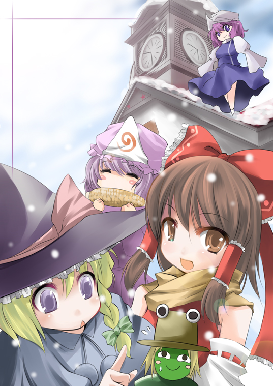 atoshi, hakurei reimu, kirisame marisa, letty whiterock, moriya suwako, saigyouji yuyuko, perfect cherry blossom, touhou, bad id, bad pixiv id, 5girls, :o, blonde hair, blush stickers, braid, brown eyes, brown hair, clock, clock tower, corn, female focus, frog, hair ribbon, happy, hat, multiple girls, ribbon, side braid, snow, tower, winter, witch, witch hat