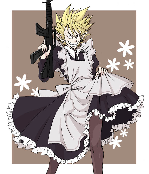 k-haruka, hiruma youichi, eyeshield 21, 00s, 1boy, alternate costume, apron, crossdressing, crossdressing (mtf), dress, earrings, enmaided, grin, gun, jewelry, maid, maid apron, male focus, male maid, pantyhose, pointy ears, sharp teeth, smile, solo, teeth, weapon
