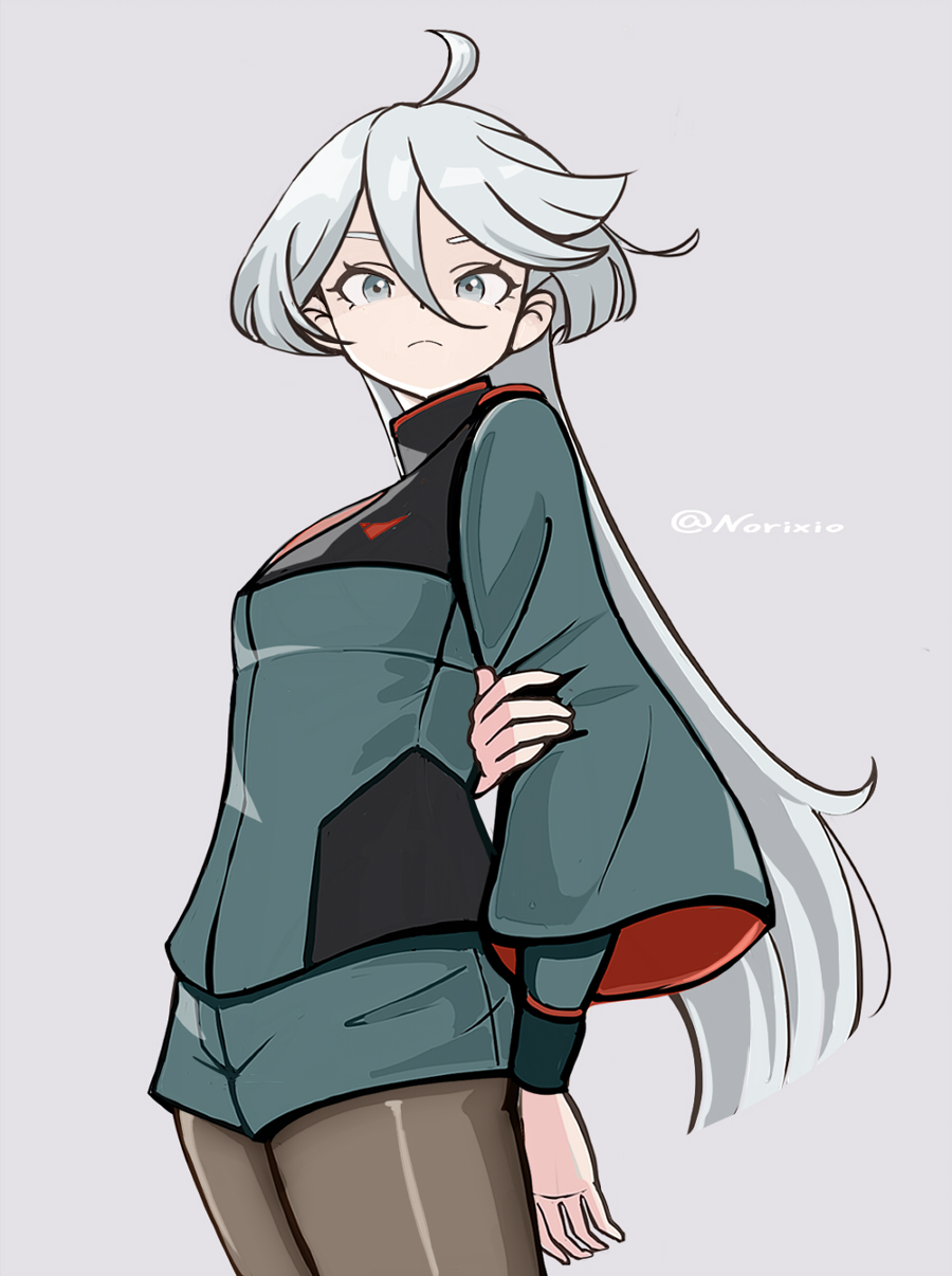 norixio, miorine rembran, gundam, gundam suisei no majo, highres, 1girl, ahoge, arm behind back, artist name, asticassia school uniform, blunt ends, breasts, closed mouth, cowboy shot, frown, green jacket, green shorts, grey background, grey eyes, grey hair, grey pantyhose, hair between eyes, hand on own arm, jacket, long hair, long sleeves, looking at viewer, medium breasts, pantyhose, school uniform, shorts, simple background, solo, twitter username