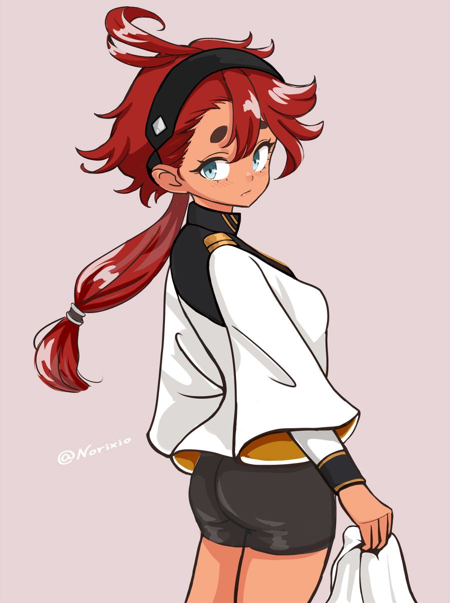 norixio, suletta mercury, gundam, gundam suisei no majo, highres, 1girl, :/, ahoge, aqua eyes, artist name, ass, asticassia school uniform, bike shorts, black hairband, black shorts, blush, breasts, cowboy shot, gold trim, grey background, hair between eyes, hair tie, hairband, jacket, looking back, medium breasts, multi-tied hair, red hair, school uniform, short eyebrows, short hair with long locks, shorts, simple background, solo, thick eyebrows, twitter username, white jacket