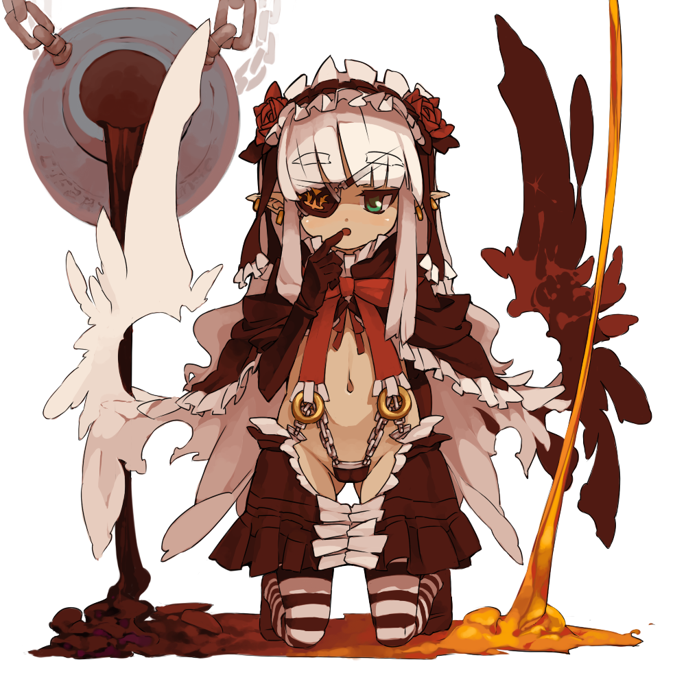 itsukia, original, bad id, bad pixiv id, chain, earrings, eyepatch, green eyes, jewelry, kneeling, long hair, panties, pointy ears, solo, striped clothes, striped thighhighs, thighhighs, underwear, white hair, wings